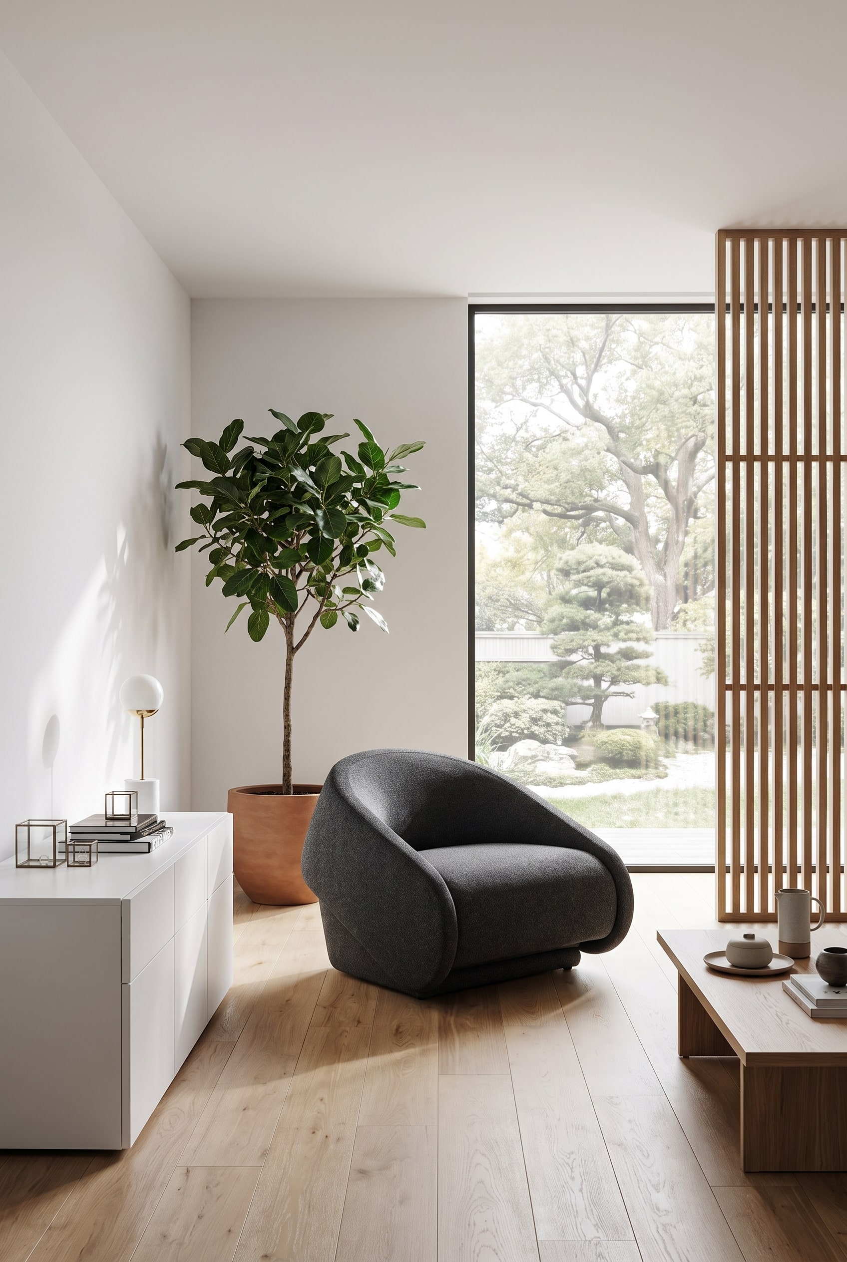 Tidy room with a monolithic, anthracite-colored sleeper armchair and minimalist decor