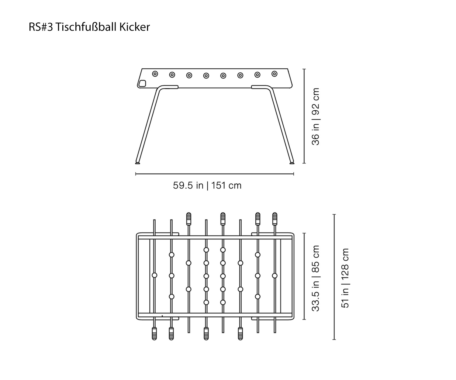 RS Barcelona Designer Tischkicker Fußball RS#3 Skizze Maße Größenangaben Größen