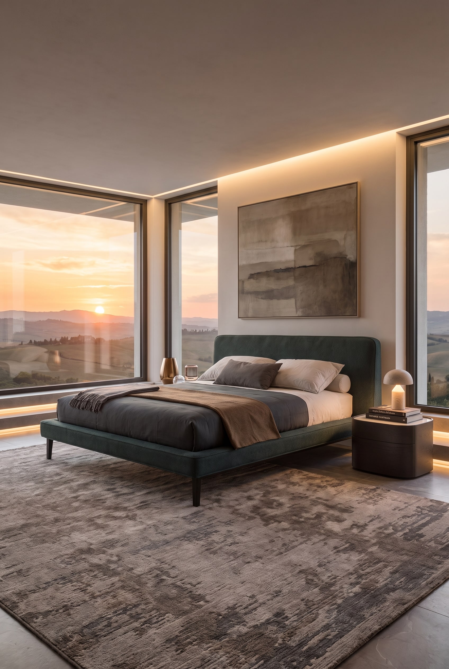 Modern bedroom with Novamobili upholstered bed with high headboard in soft daylight