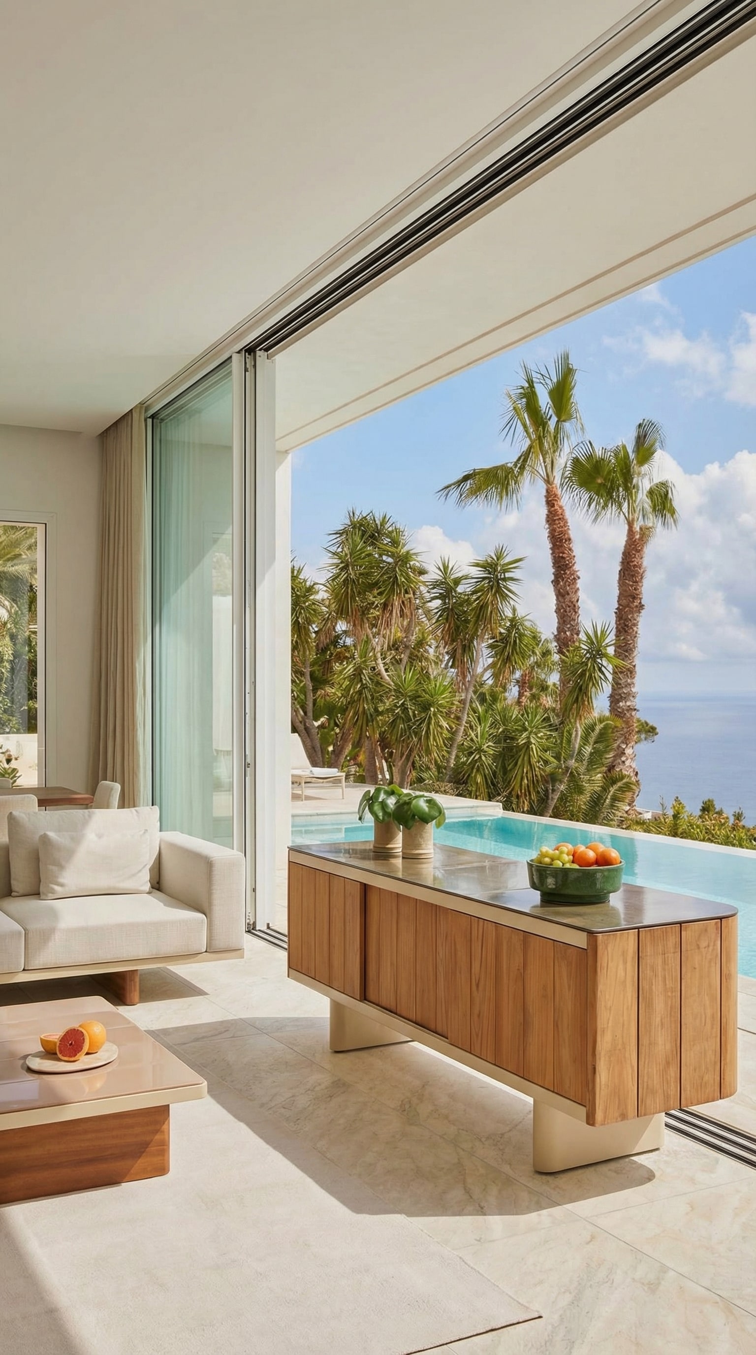 Luxuri&ouml;ses Outdoor-Sideboard aus Teakholz auf einer sonnigen Terrasse mit Blick aufs Meer.