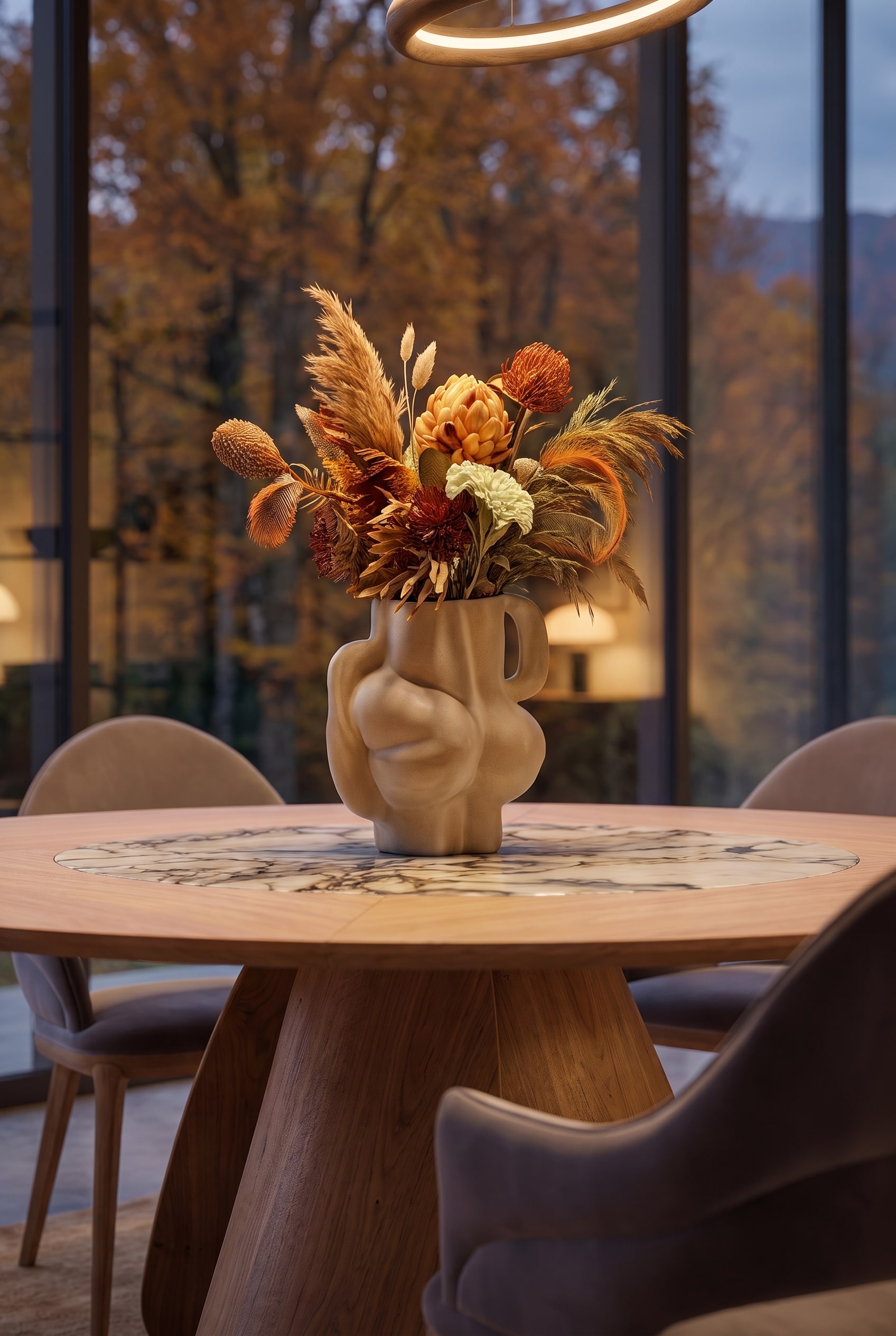 Sculptural ceramic vase with an autumnal dried flower bouquet centrally on a light marble tabletop.