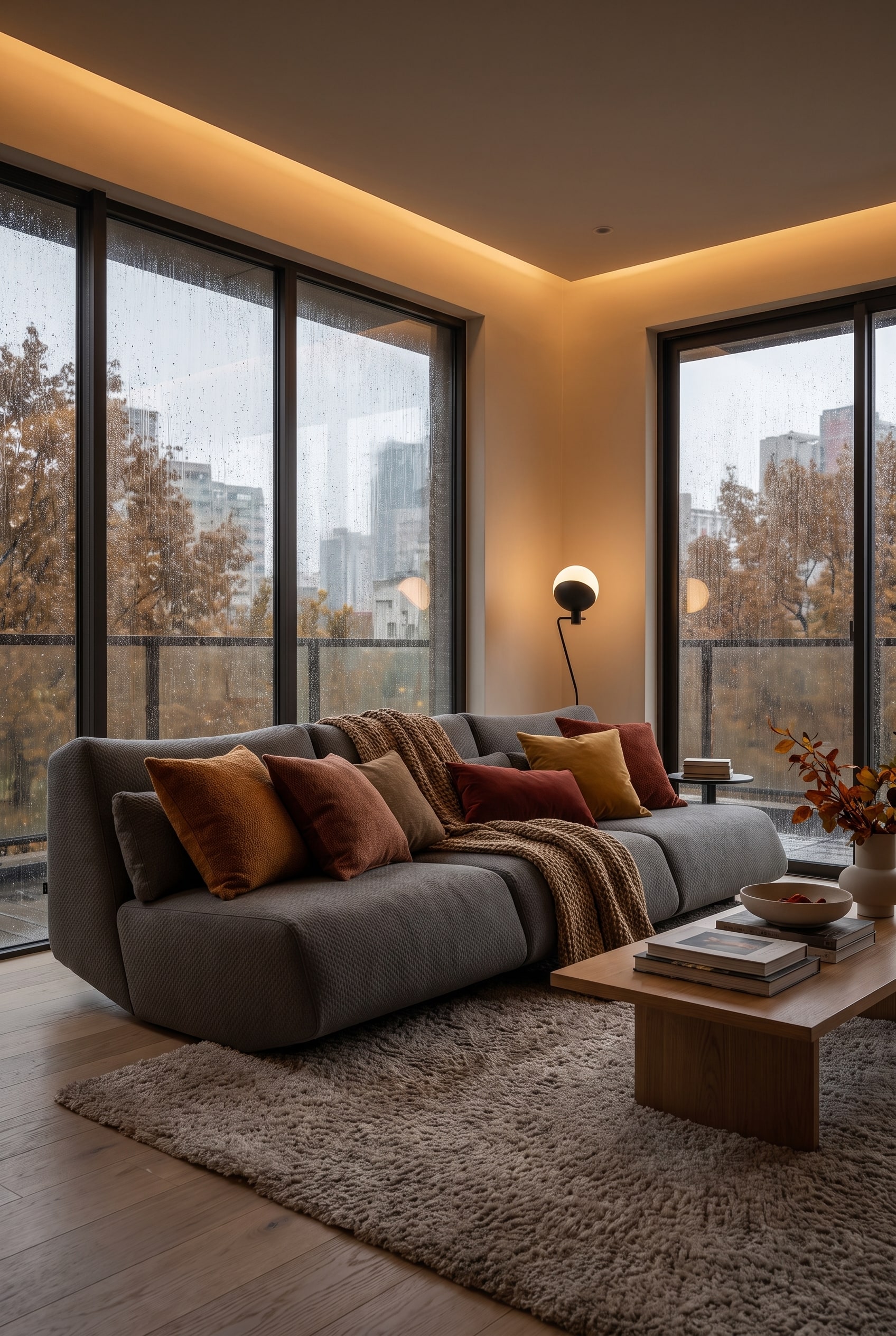 Ein extratiefer Lounge-Sessel in warmen Herbstfarben, dekoriert mit einer kuscheligen Wolldecke und Kissen, in einem gem&uuml;tlich beleuchteten Wohnzimmer.