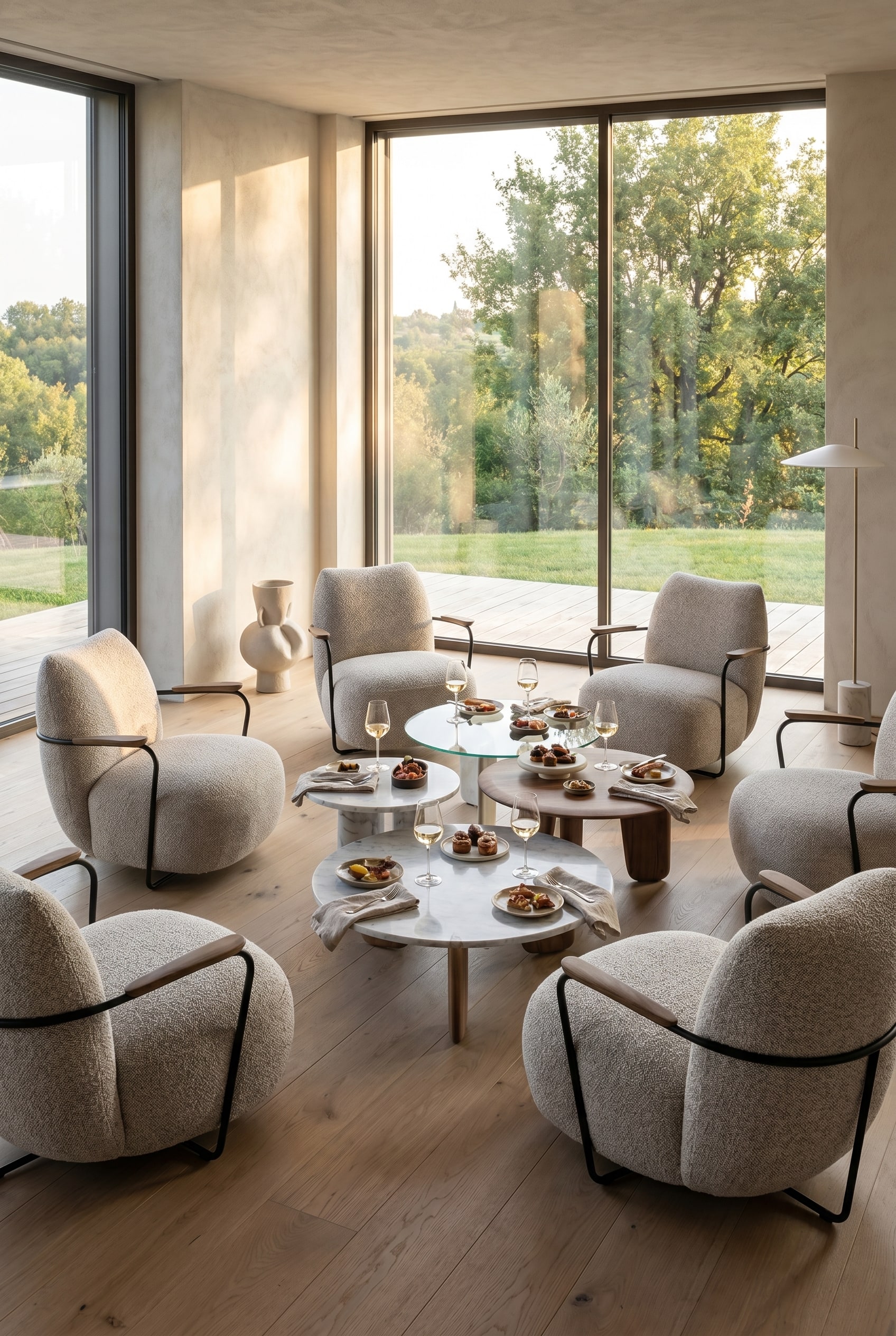 Runder Lounge-Sessel mit strukturiertem Boucl&eacute;-Bezug steht gem&uuml;tlich am Esstisch vor bodentiefen Panoramafenstern