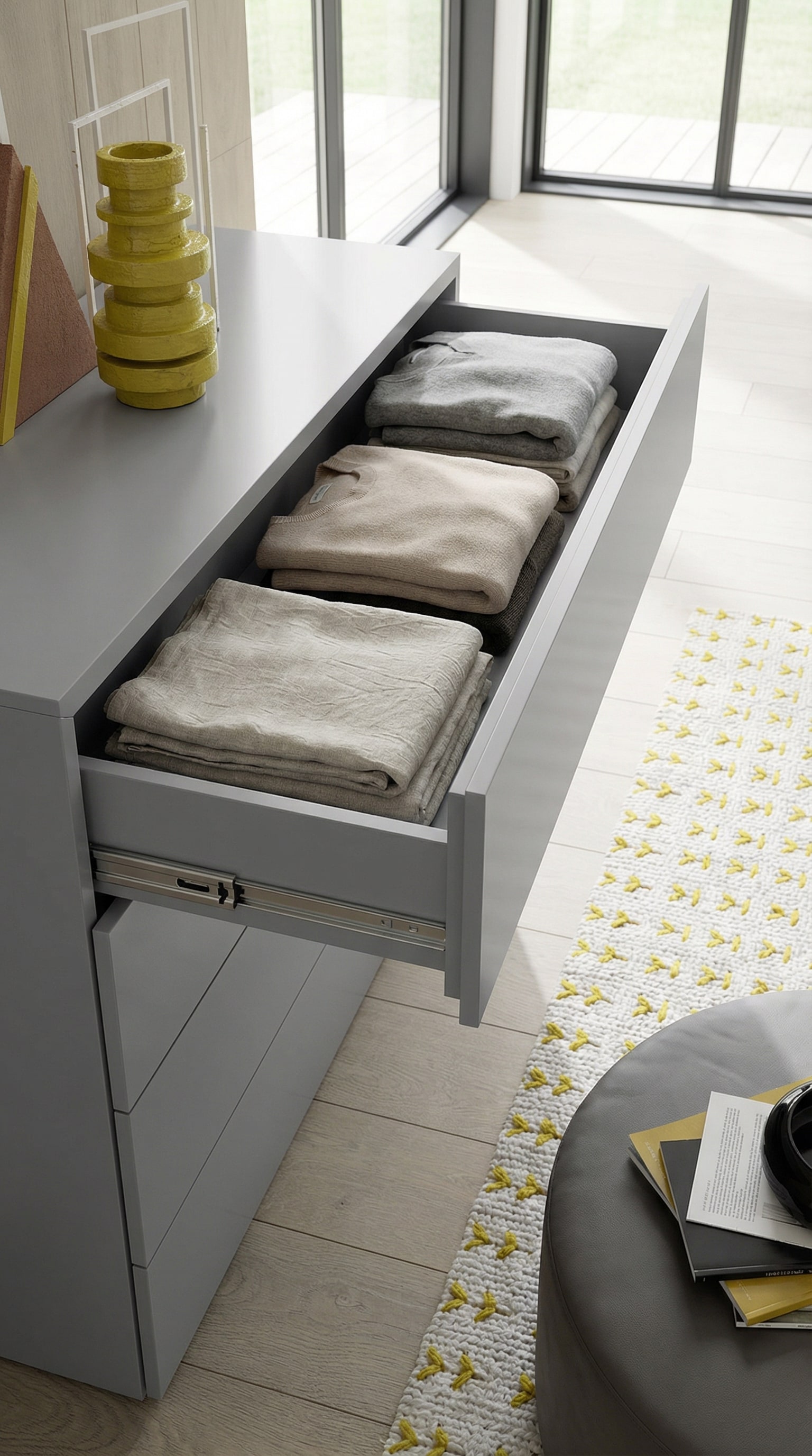 Ge&ouml;ffnete grifflose Design-Kommode mit Vollauszug, perfekt gefalteter Kleidung und symmetrischen Spaltma&szlig;en
