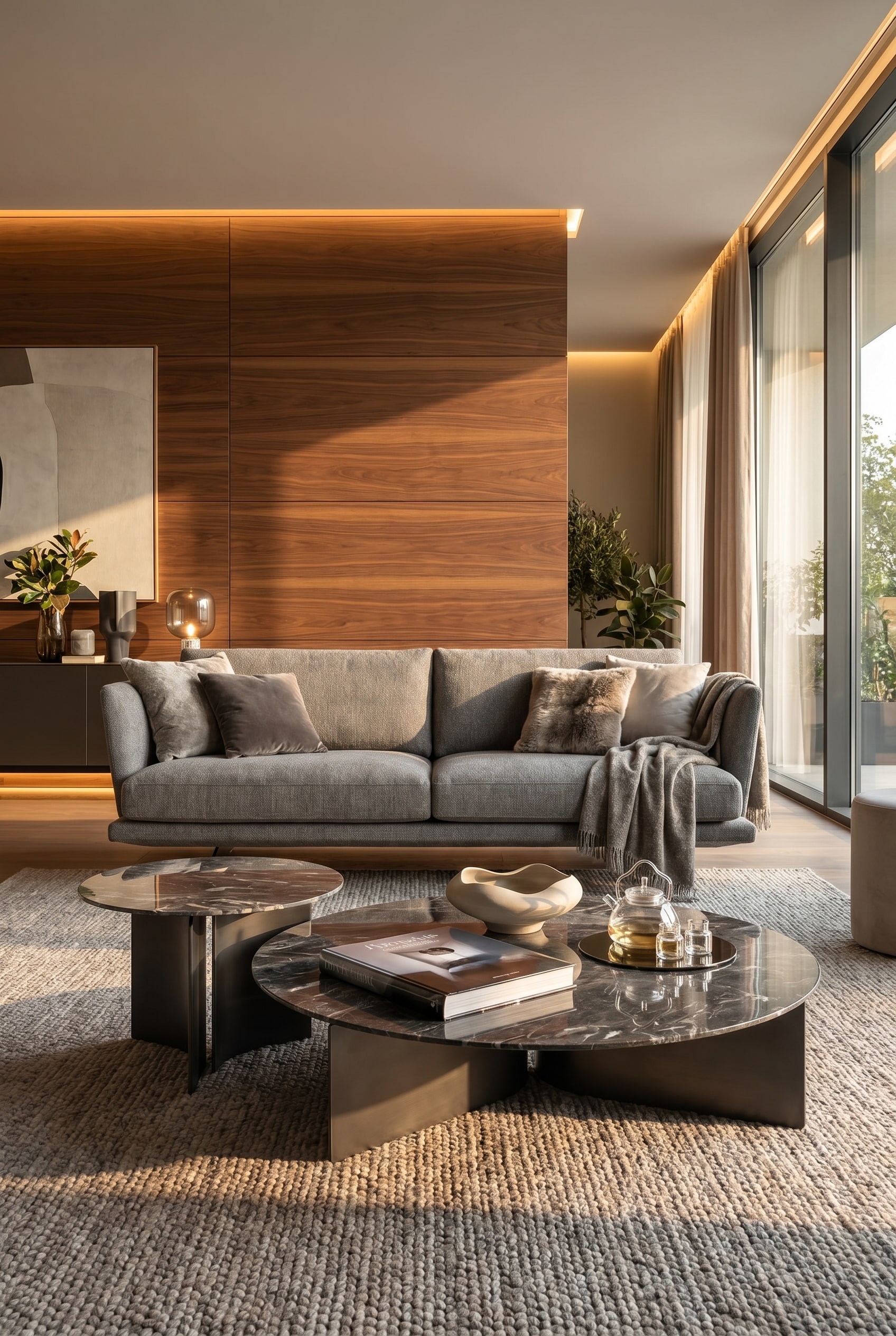 Living room with wood panels, in front of which is an organically shaped coffee table with a marble top and curved base