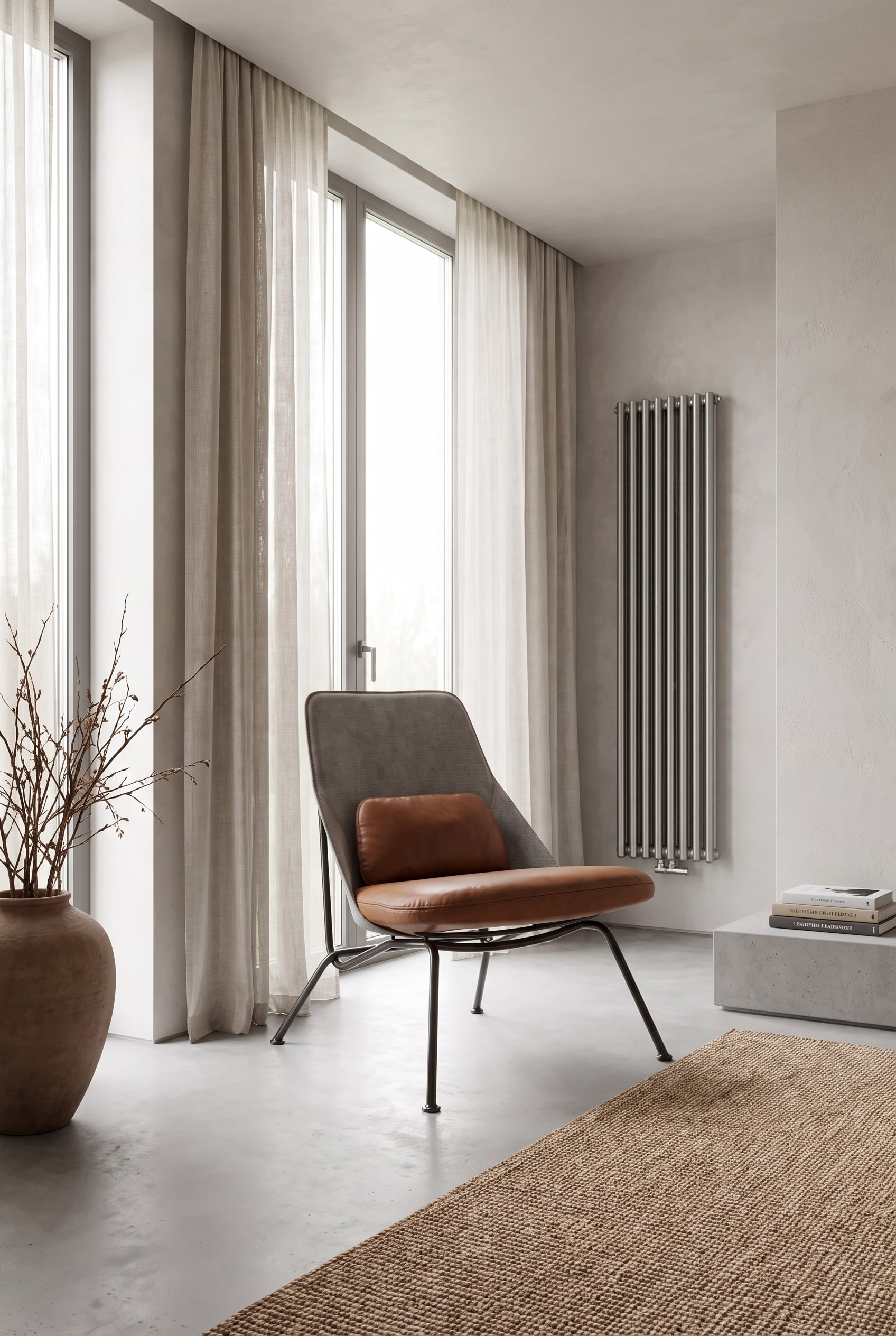 Ein eleganter, brauner Ledersessel steht frei in einem modernen Wohnzimmer, mit sicherem thermischen Abstand zu den gro&szlig;en Fenstern und der Heizung.