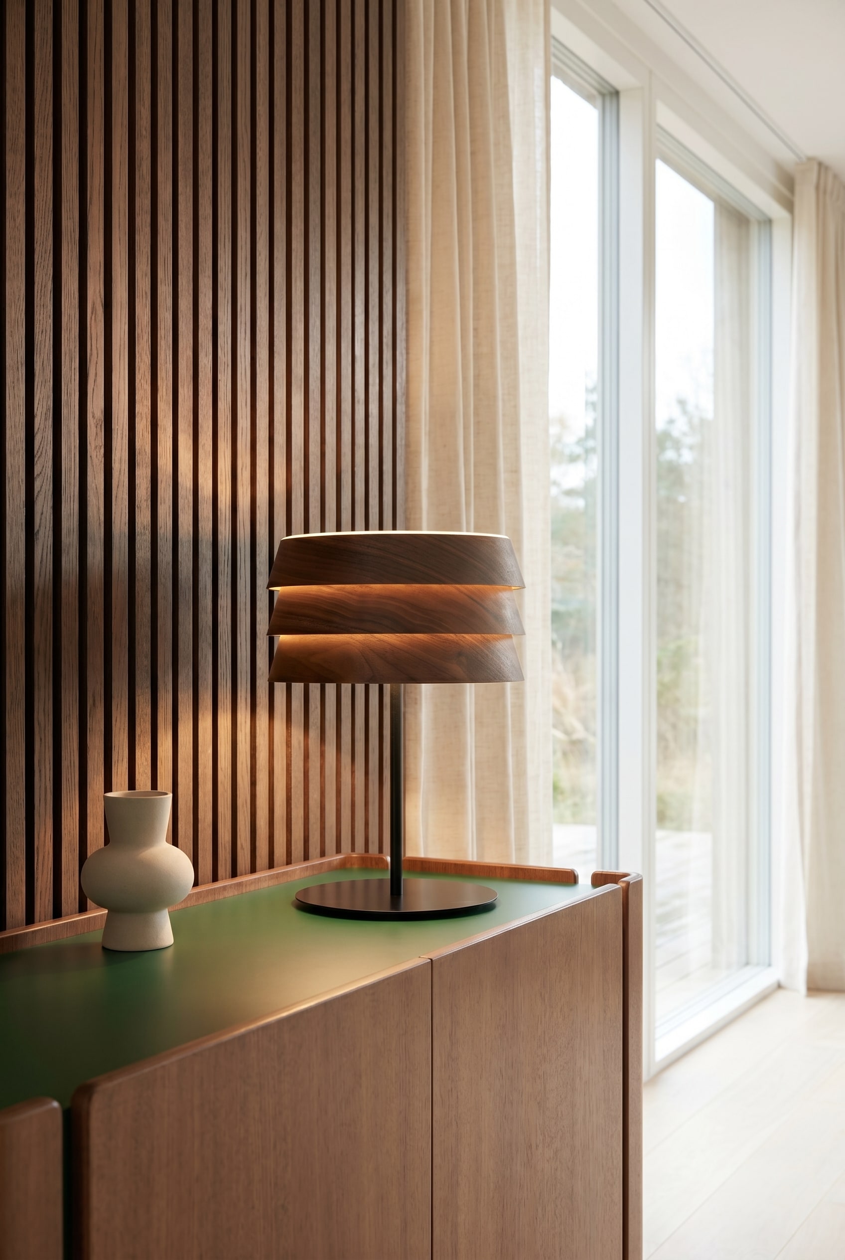 Wooden sideboard in front of a slatted wall, with a table lamp featuring a wooden slatted shade casting warm grazing light