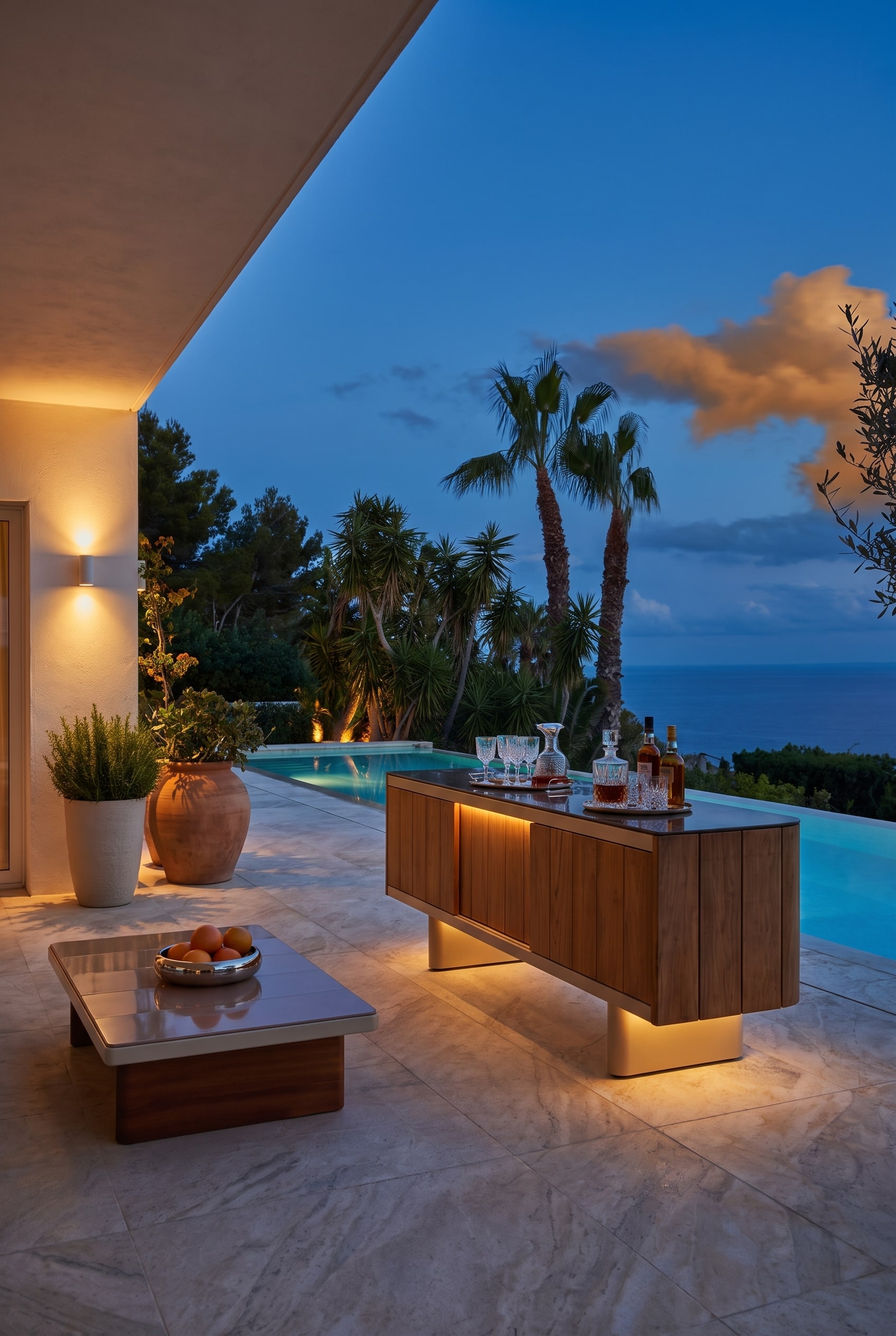 Natural stone terrace at dusk with an elegant outdoor sideboard made of teak wood, arranged as a stylish home bar with glasses