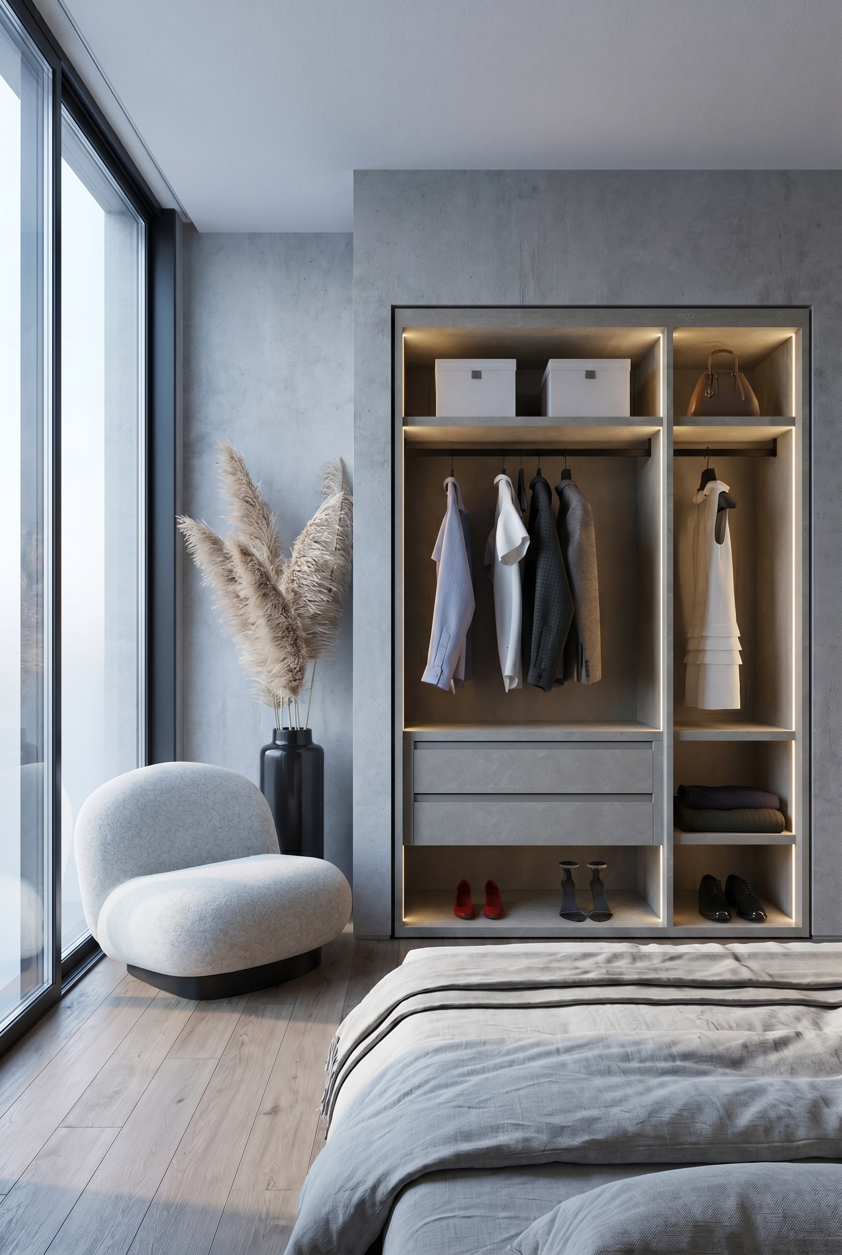 Modernes Schlafzimmer mit bodentiefen Fenstern und einem offenen Kleiderschrank ohne Türen in warmem Grauton, belebt durch eine Designer-Keramikvase