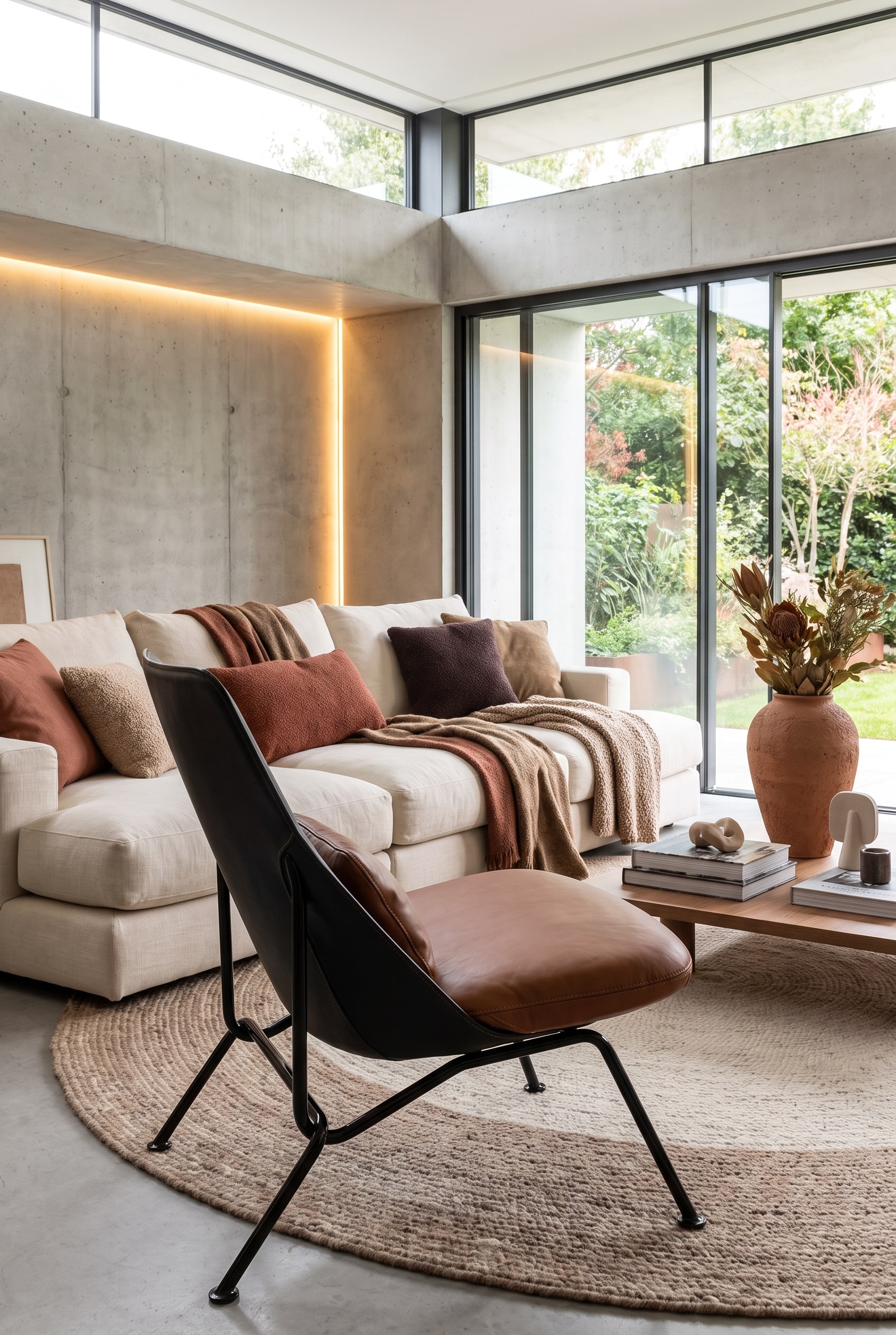 Modern living room in a layering look with the Prostoria Strain Armchair as a solitary piece of furniture