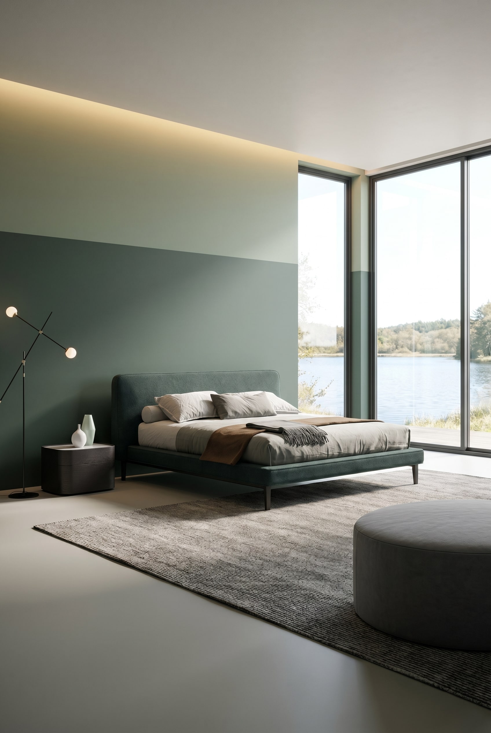 Dark green designer bed in front of a tone-on-tone sage green wall with minimalist nightstands
