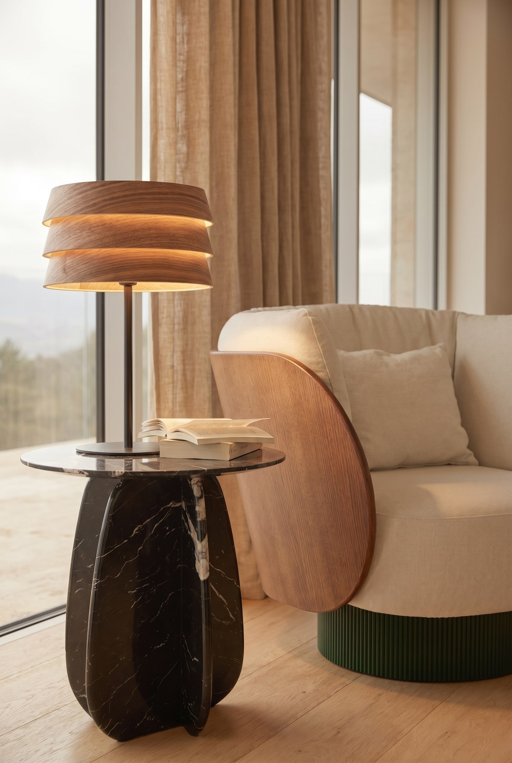 Side table with Sussex lamp made of wood veneer in a cozy reading nook with soft light
