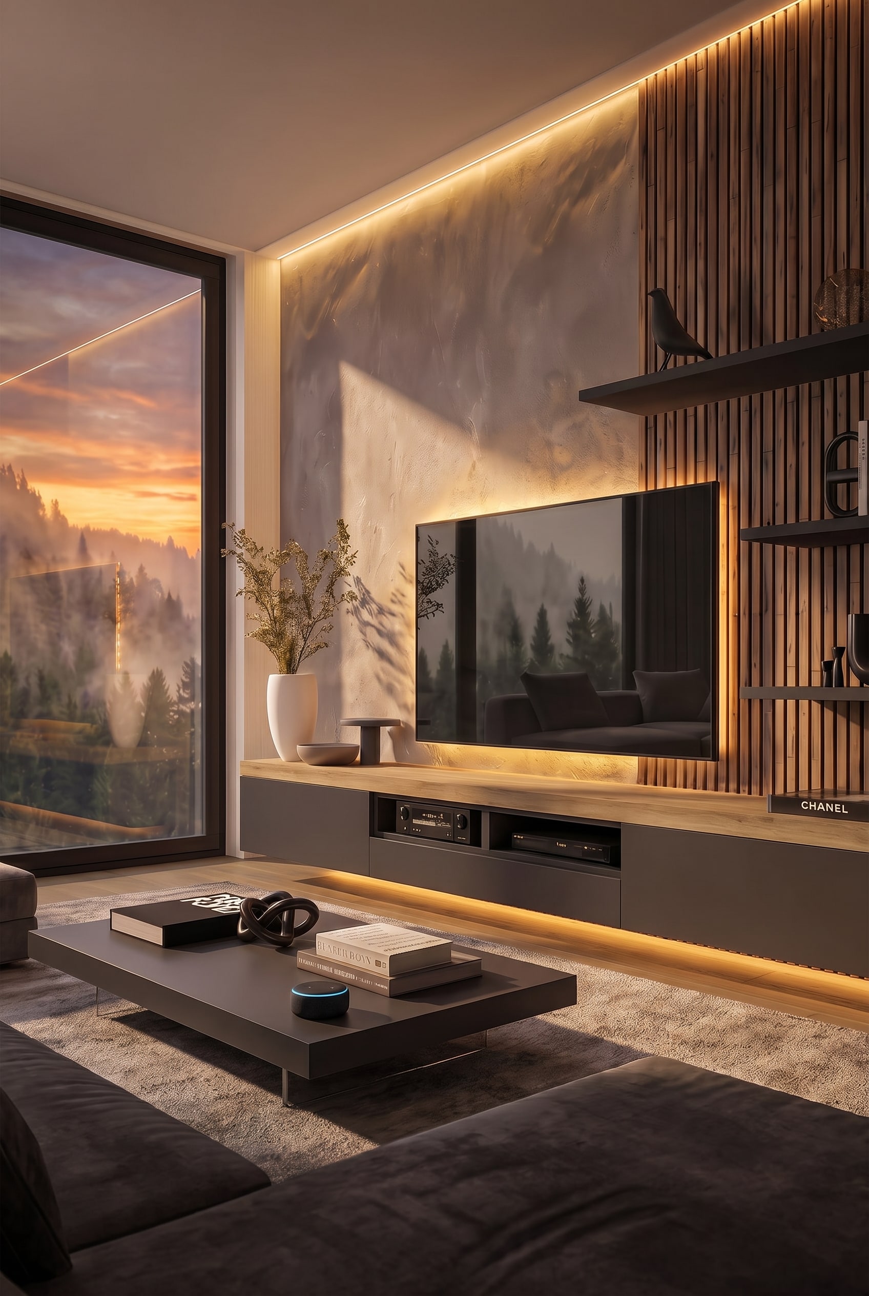 Modernes Wohnzimmer mit dunkelgrauem Lowboard, Eichenholz-Elementen und warm beleuchteten Wandpaneelen