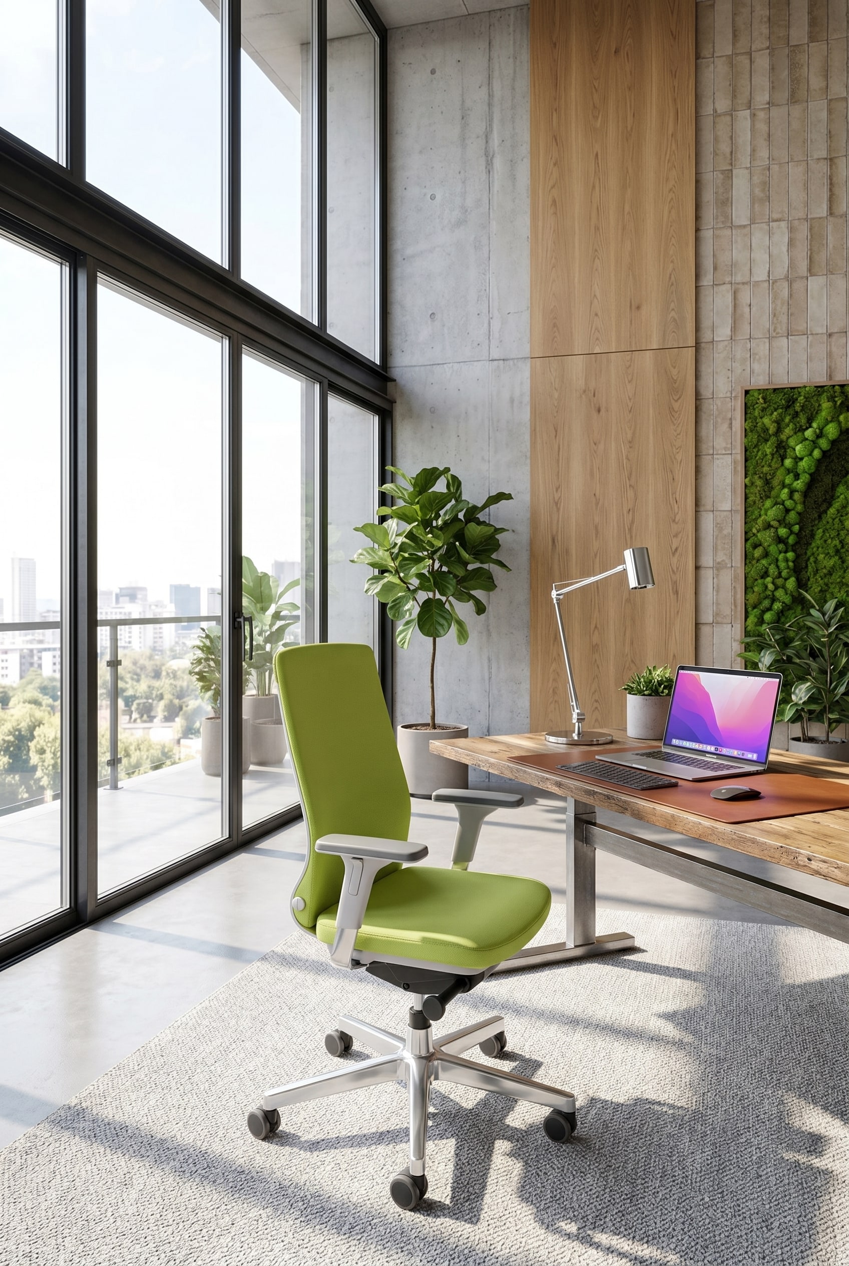 Minimalistischer ergonomischer Bürostuhl mit Netzrücken vor bodentiefen Fenstern in hellem Management-Büro