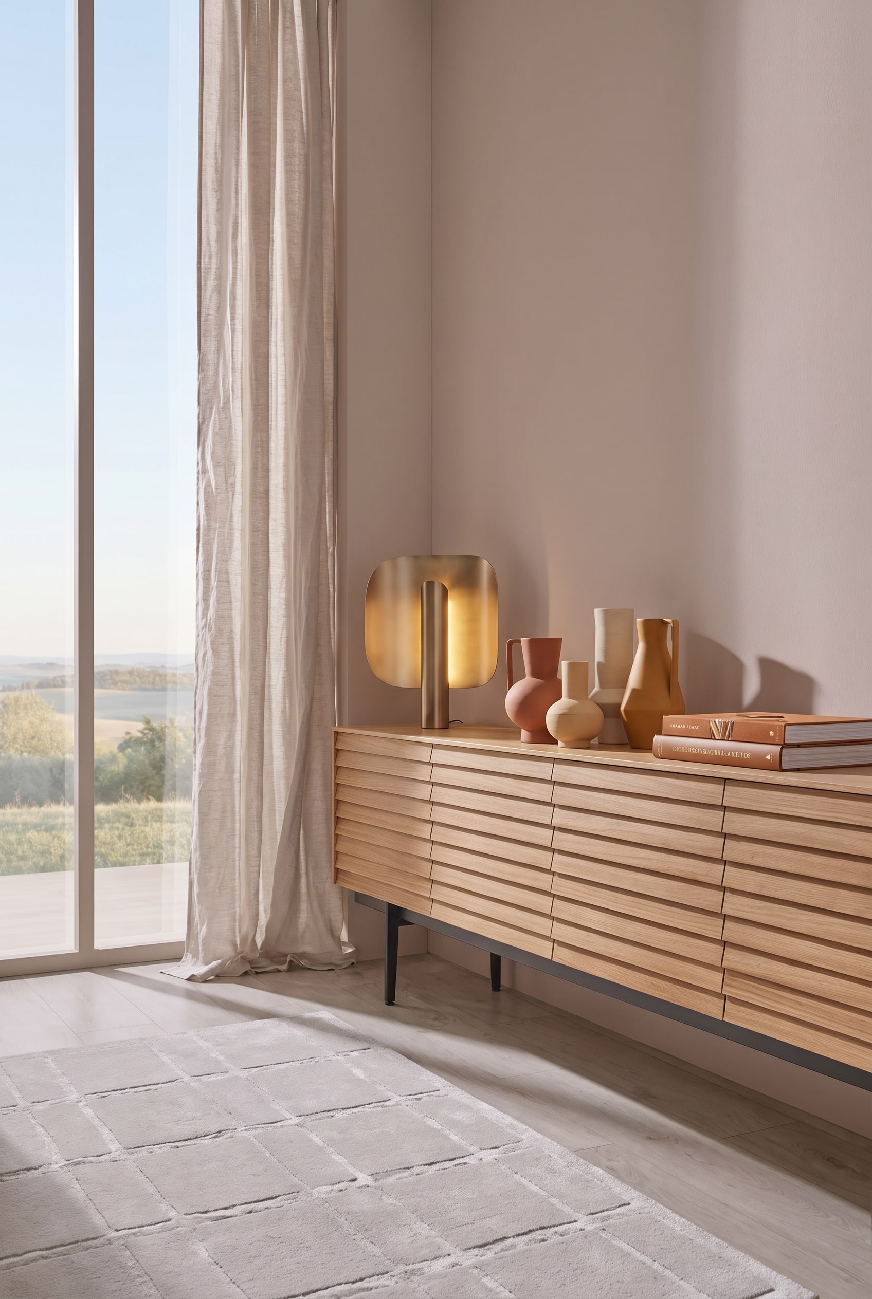 Minimalistisches Wohnzimmer mit einem Sideboard aus Eichenholz mit Lamellenfront und einer Tischleuchte mit warmem Licht