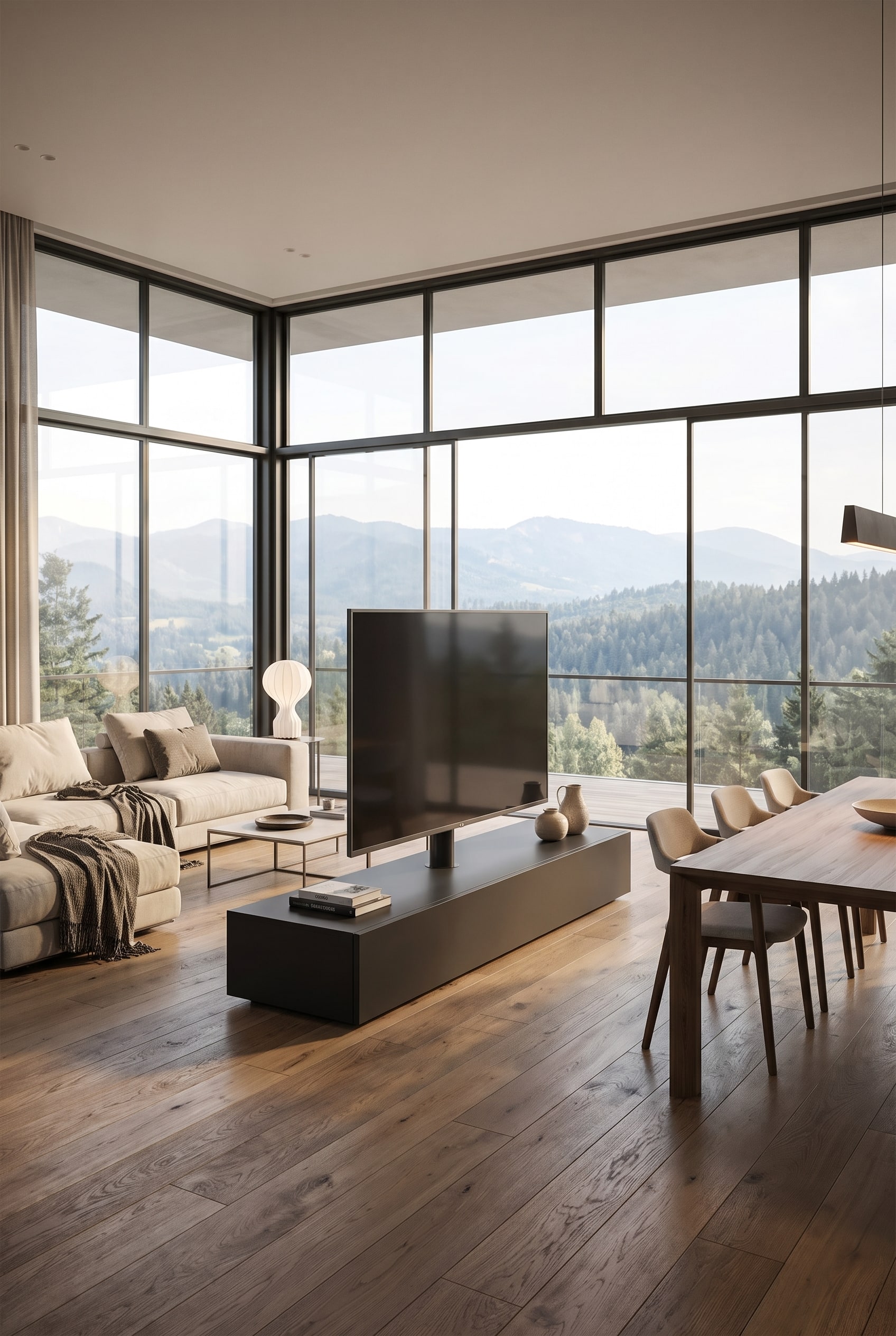 Ein eleganter, freistehender TV-Raumteiler mit geschlossener Rückwand, der mittig im hellen Wohnzimmer vor einer großen Fensterfront steht. Ein eleganter, freistehender TV-Raumteiler mit geschlossener Rückwand, der mittig im hellen Wohnzimmer vor einer großen Fensterfront steht.