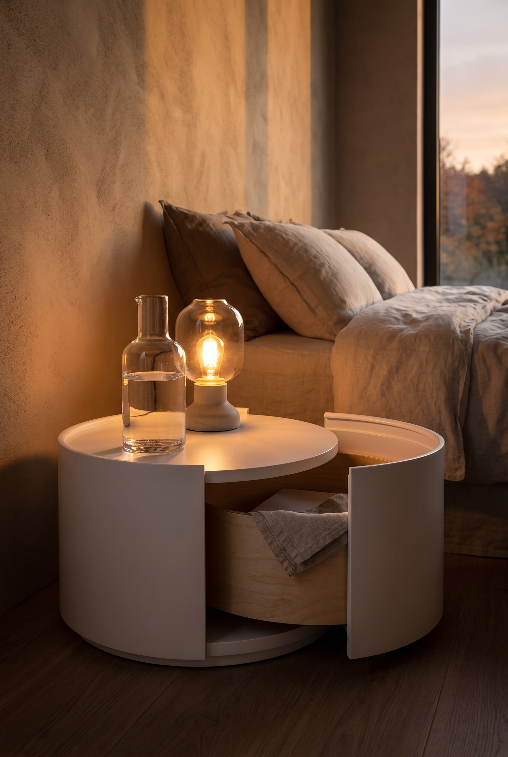 Modern round bedside table in cylindrical form with an open upper drawer in a softly lit bedroom