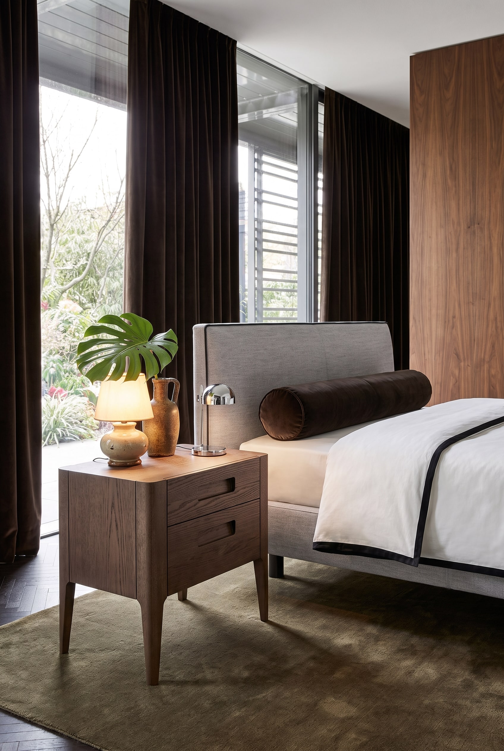 Dark oak bedside table with rounded edges and integrated recessed handles next to an upholstered bed