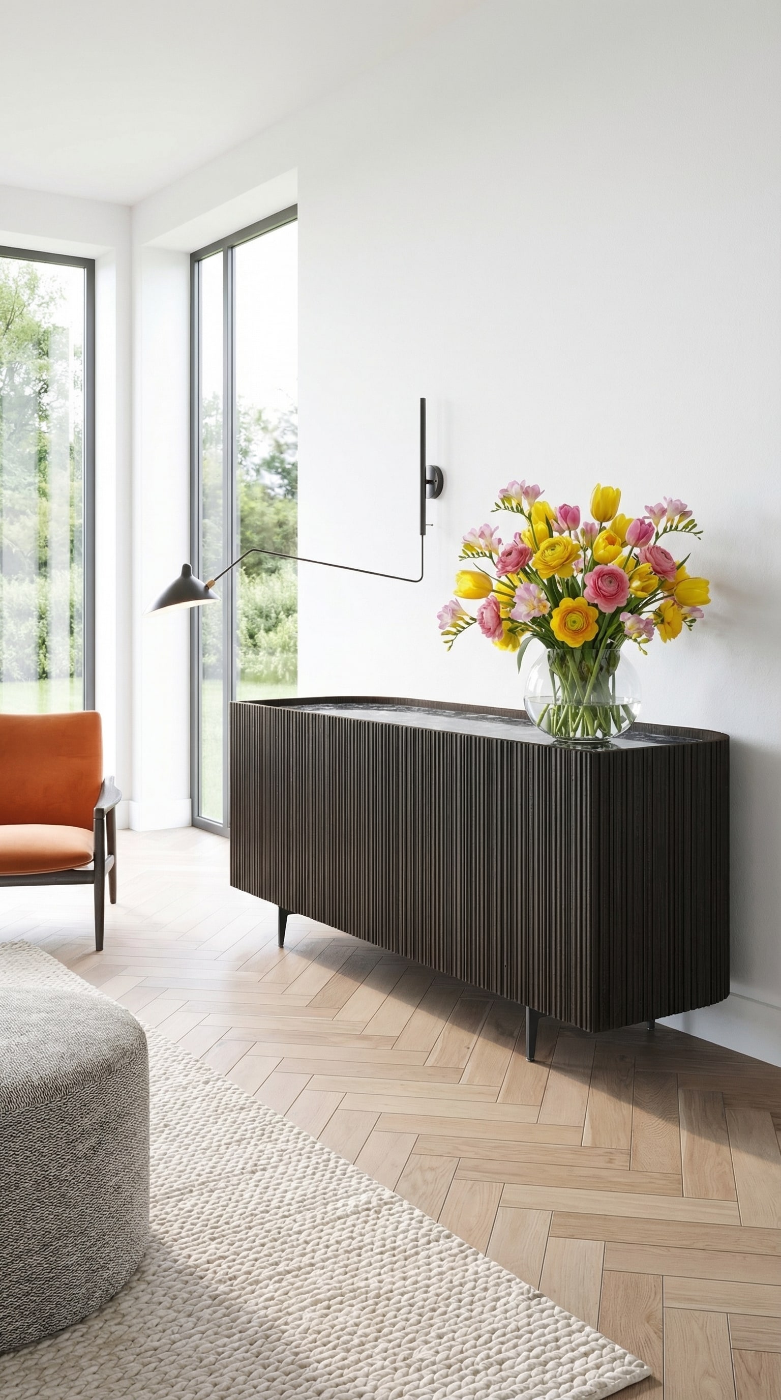 Dunkles, elegantes Sideboard mit abgerundeten Ecken, dekoriert mit einer bunten Frühlingsvase. Dunkles, elegantes Sideboard mit abgerundeten Ecken, dekoriert mit einer bunten Frühlingsvase.