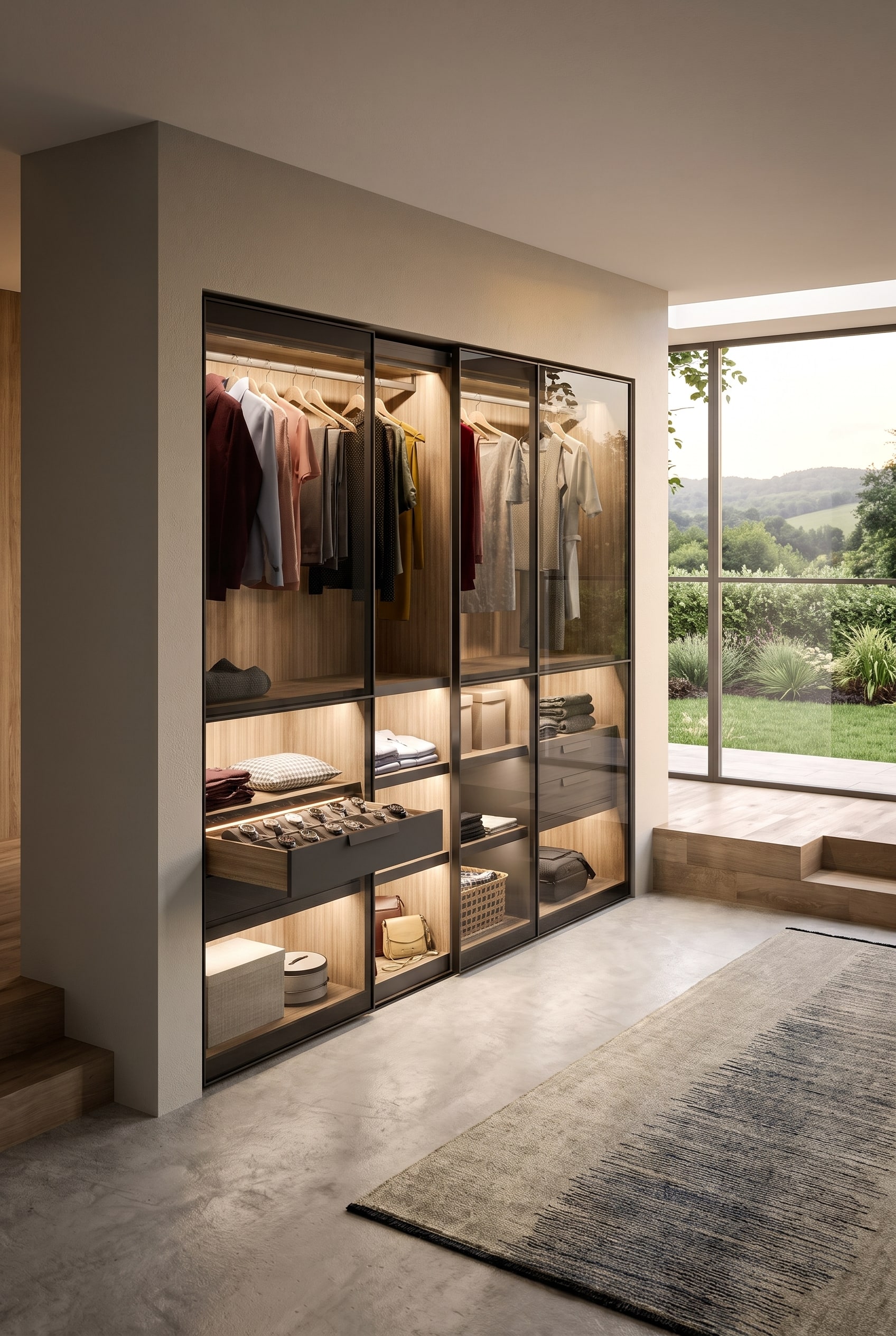 A floor-to-ceiling built-in wardrobe. Inside, at mid-height, there is a smoothly gliding inner drawer with a smoked glass front, in which a watch collection is stored dust-free.