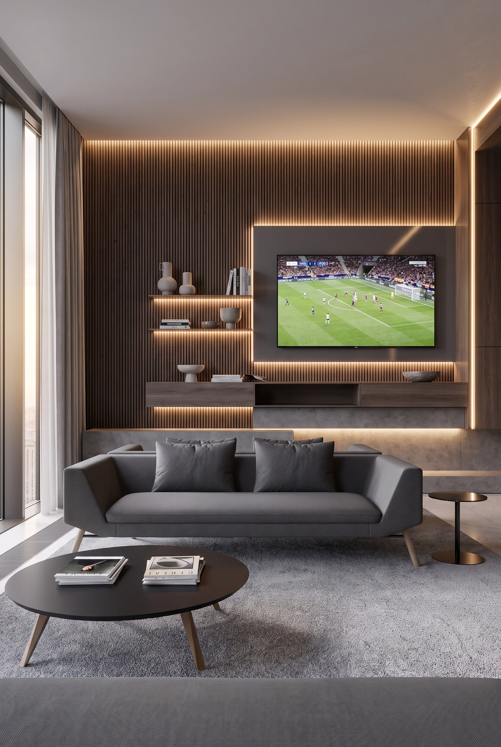 A spacious, modern living room with the Prostoria Sofa Classic as a large, cozy home grandstand in front of a large screen.