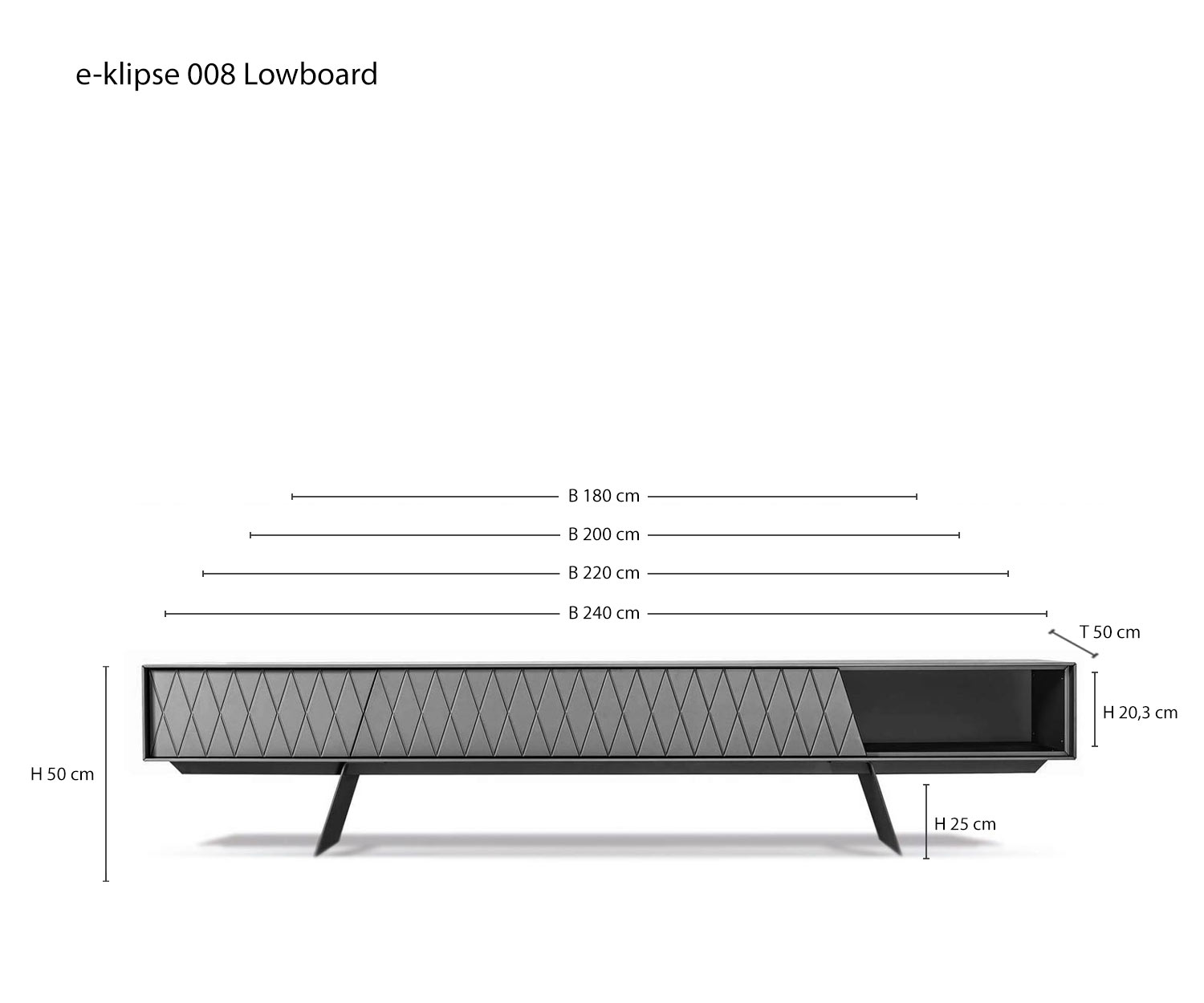 Designer Design Lowboard e klipse 008 von al2 Skizze Maße Größen Größenangaben Varianten