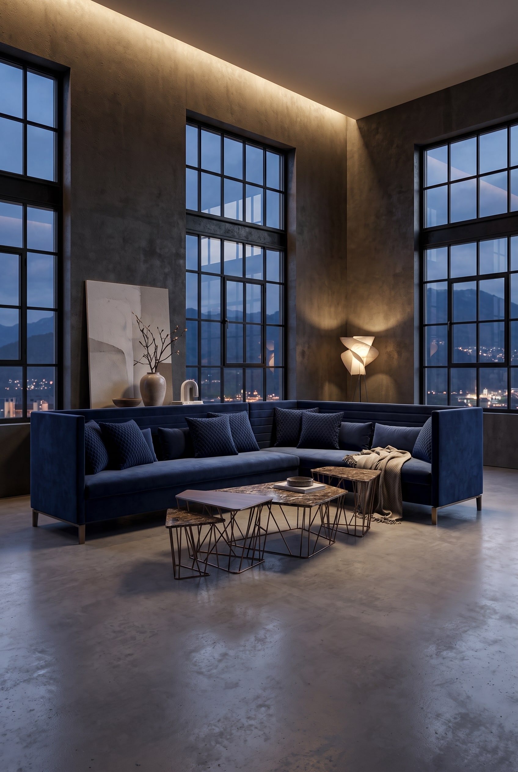 Minimalist loft with a deep blue velvet sofa with a quilted backrest, surrounded by plenty of free space