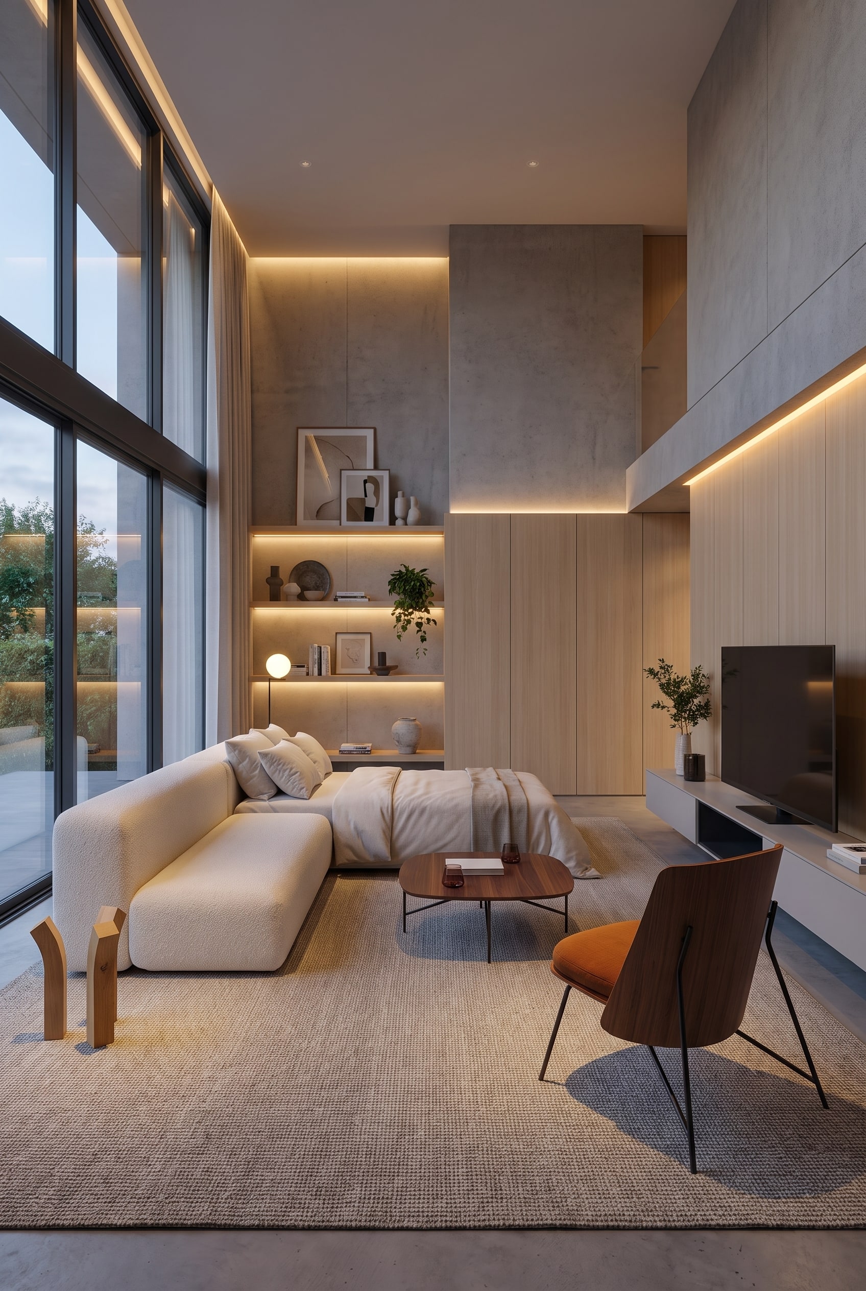 Minimalistisches Wohnzimmer mit hellem Schlafsofa aus Textil und leichtem Couchtisch