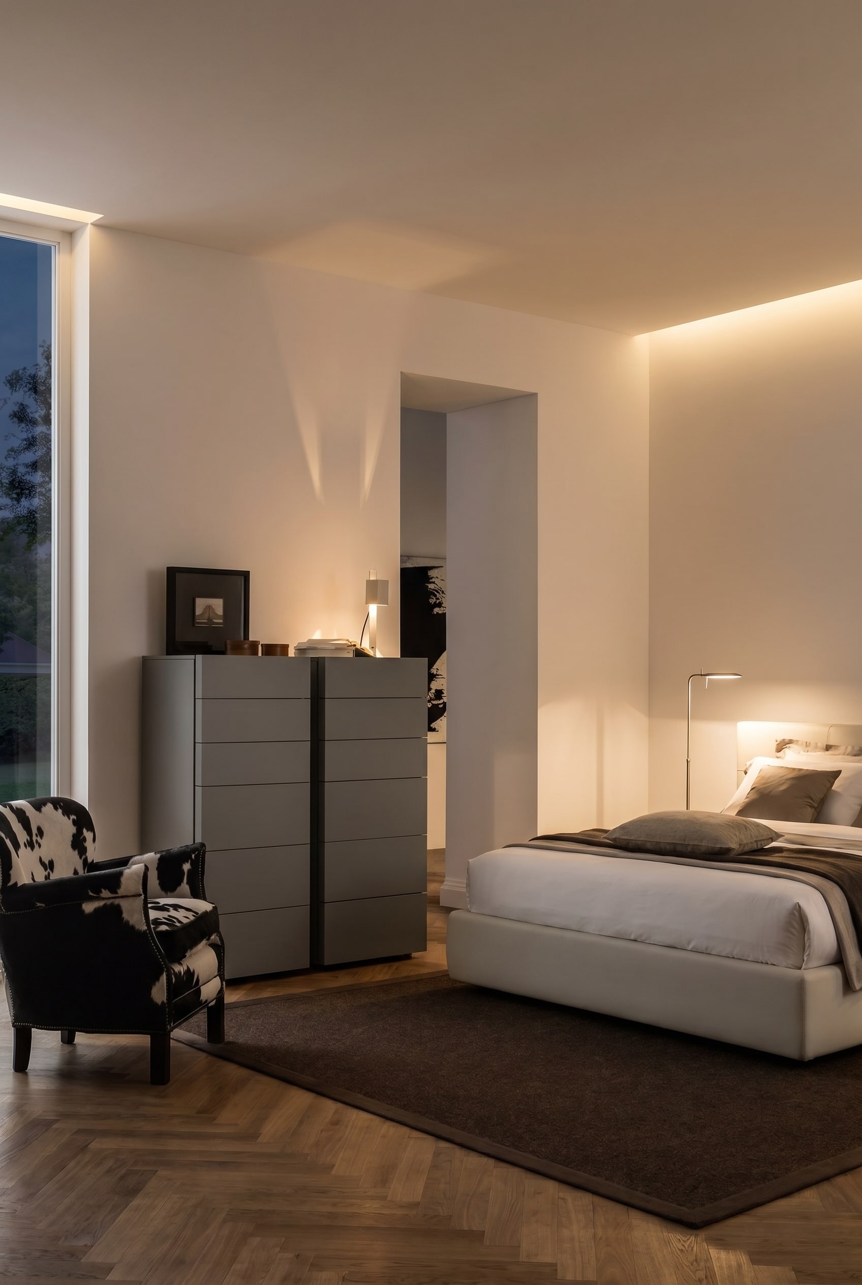Modern handleless Livitalia Valeo Tall Chest of Drawers in a puristically furnished bedroom