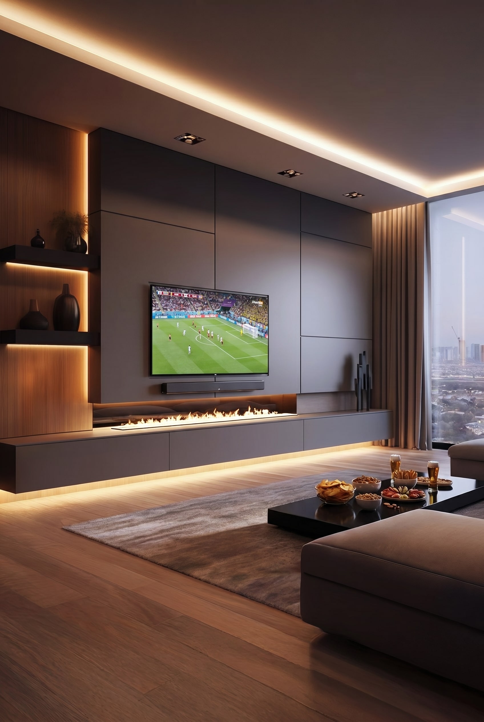 Elegant dark grey living room wall unit with integrated cable channels behind hinged fronts, in front of it a minimalist armchair