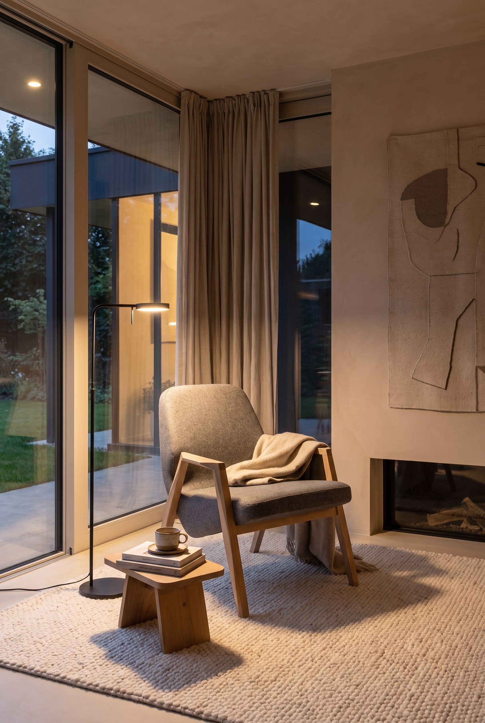 Reading nook with an upholstered armchair with visible oak armrests and a subtle floor lamp