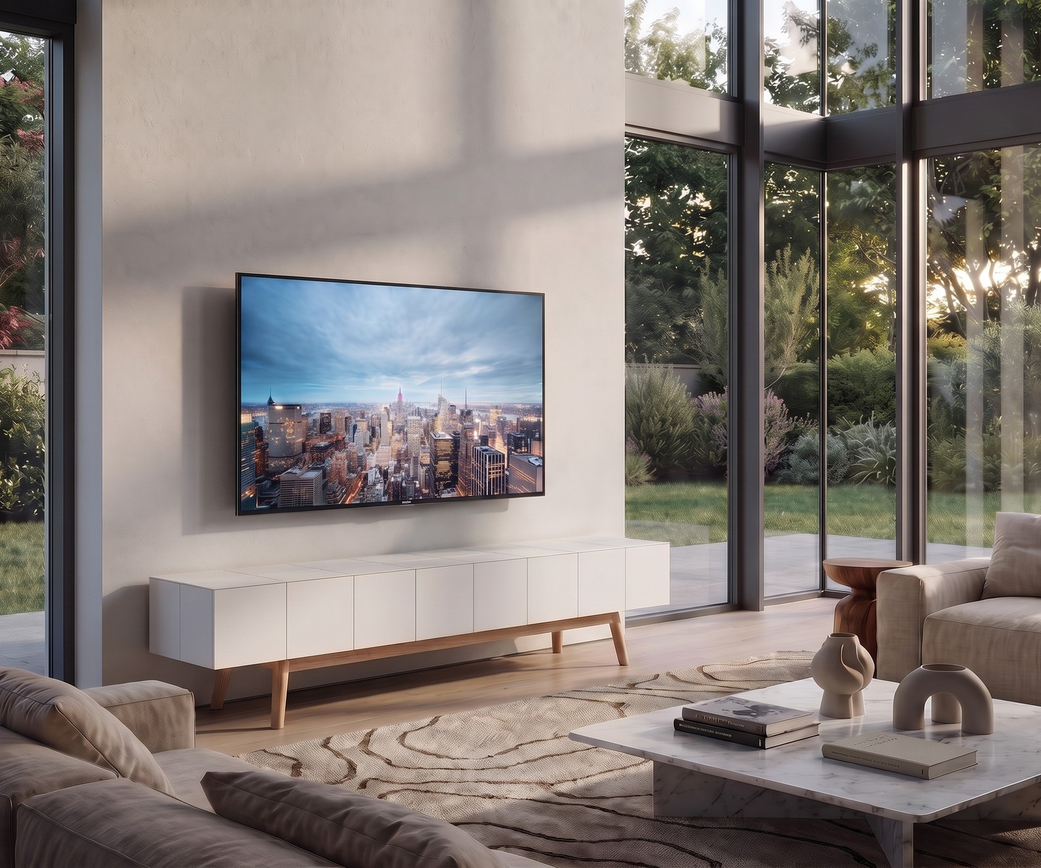 TV Lowboard MOS-I-KO 005 B im modernen Wohnzimmer, weiß matt lackiert mit eleganten Standfüßen aus Holz.