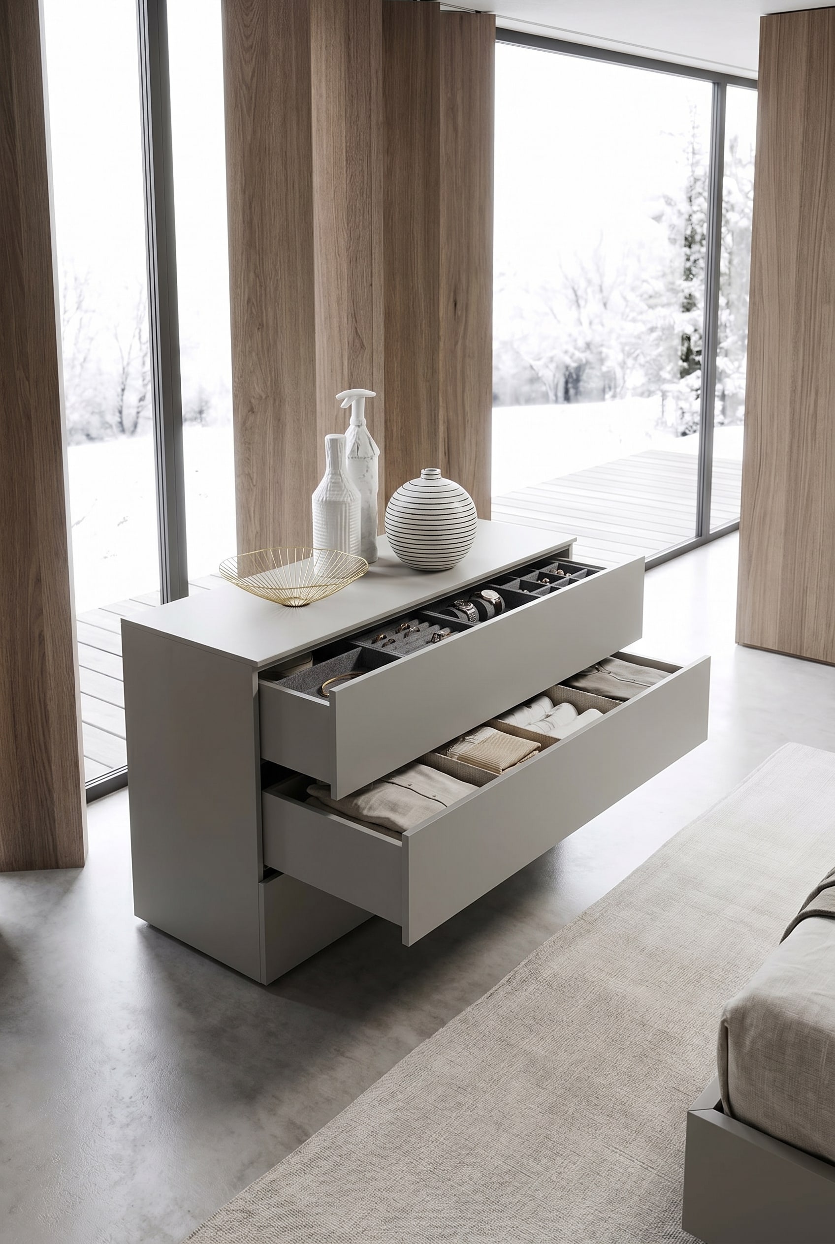 Minimalistisches Schlafzimmer mit griffloser, matter Kommode in Weiß