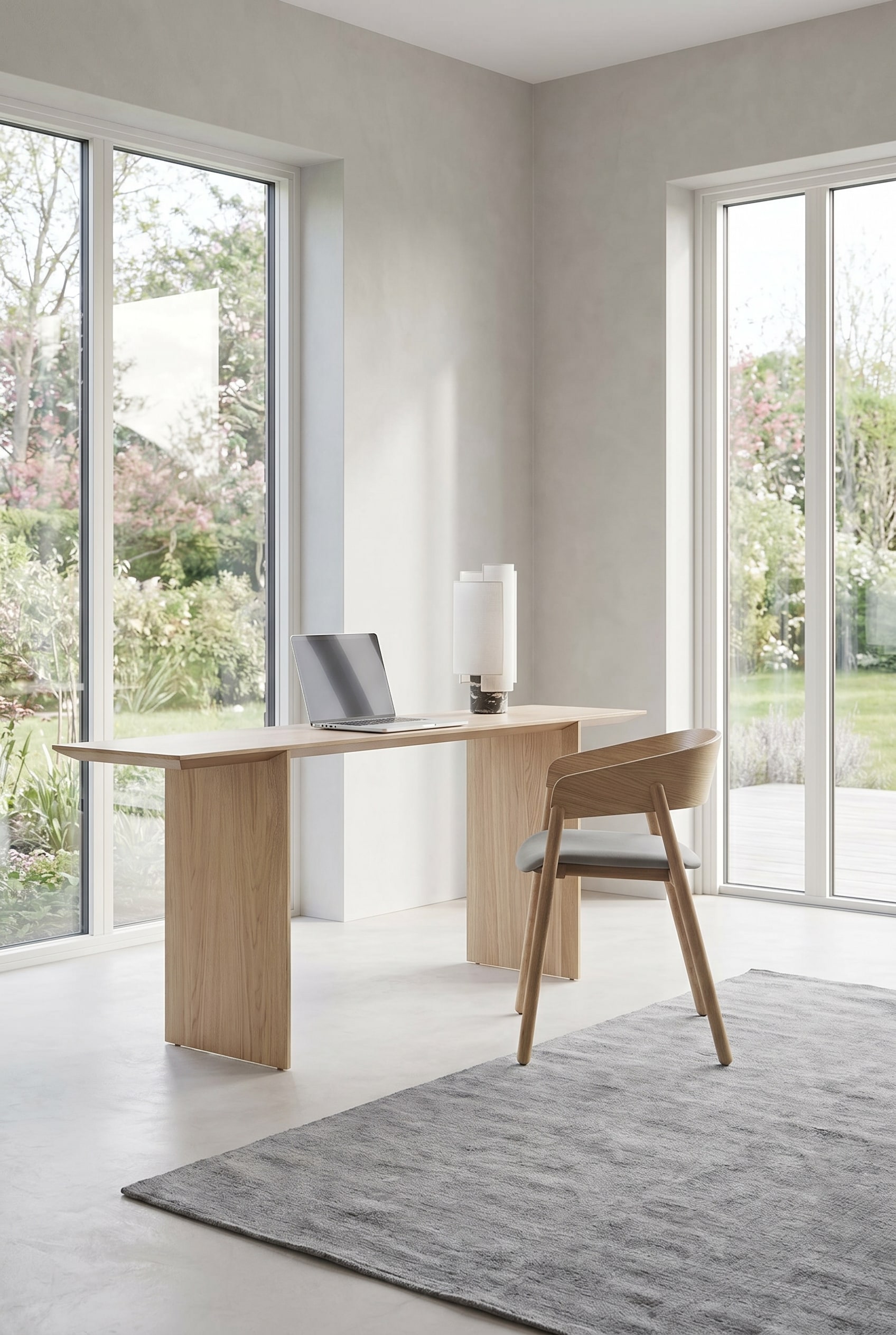 Bright study with light oak desk and delicate wooden chair with gray seat cushion