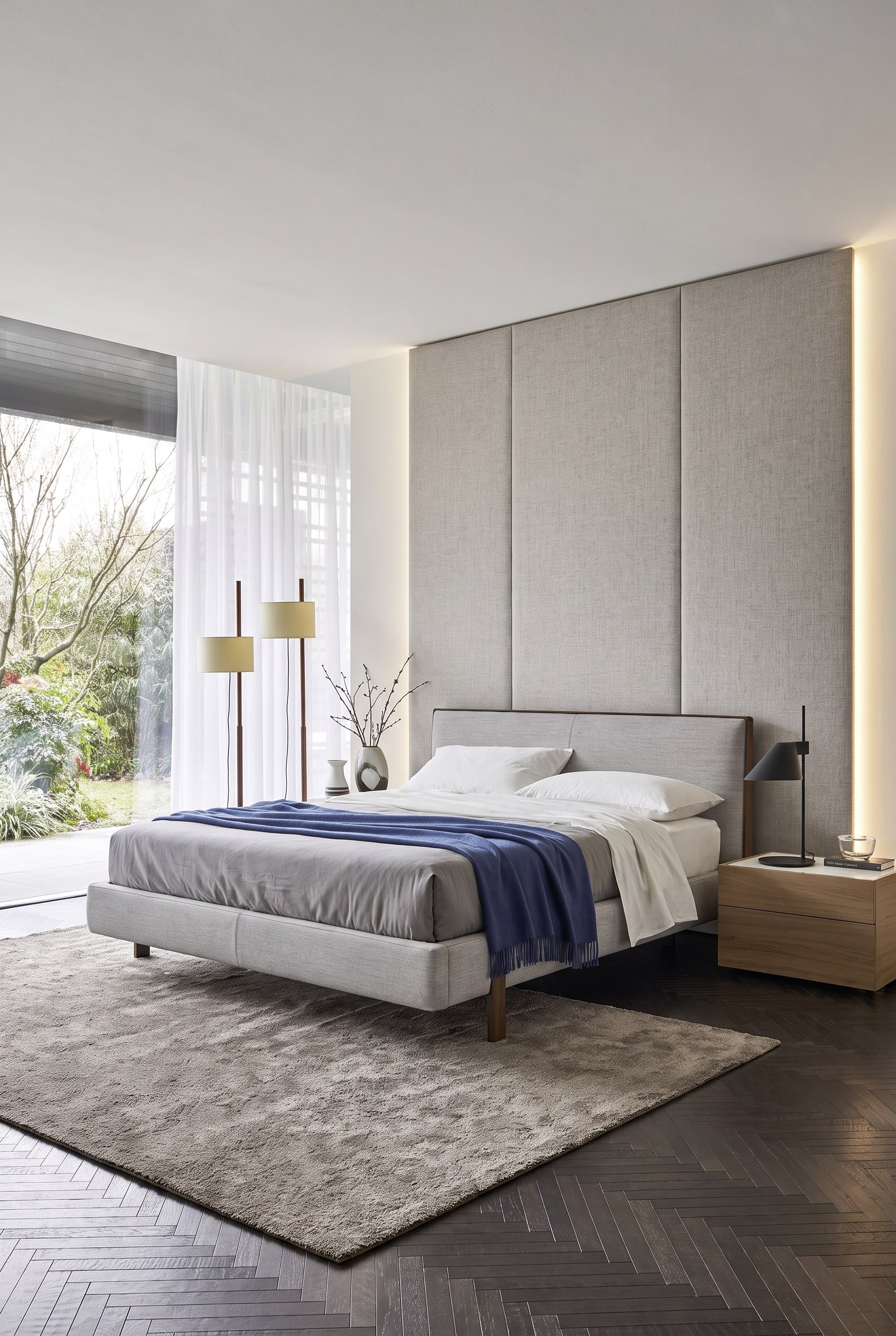 Modernes Schlafzimmer mit textilbezogenem Polsterbett vor einer gepolsterten Stoff-Wandverkleidung