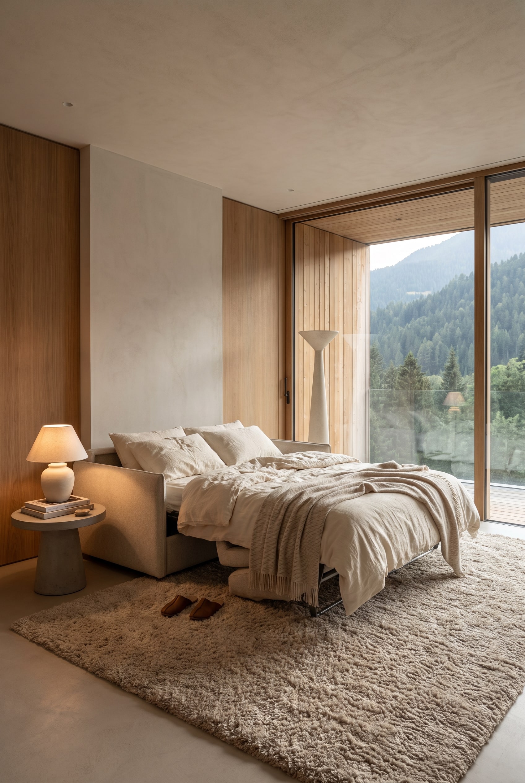 Ein luxuri&ouml;ses, ausgeklapptes Pol74 Atelier Chic Schlafsofa in einer hellen G&auml;stesuite, platziert auf einem weichen, hochflorigen Teppich mit viel Bewegungsraum an den Seiten.