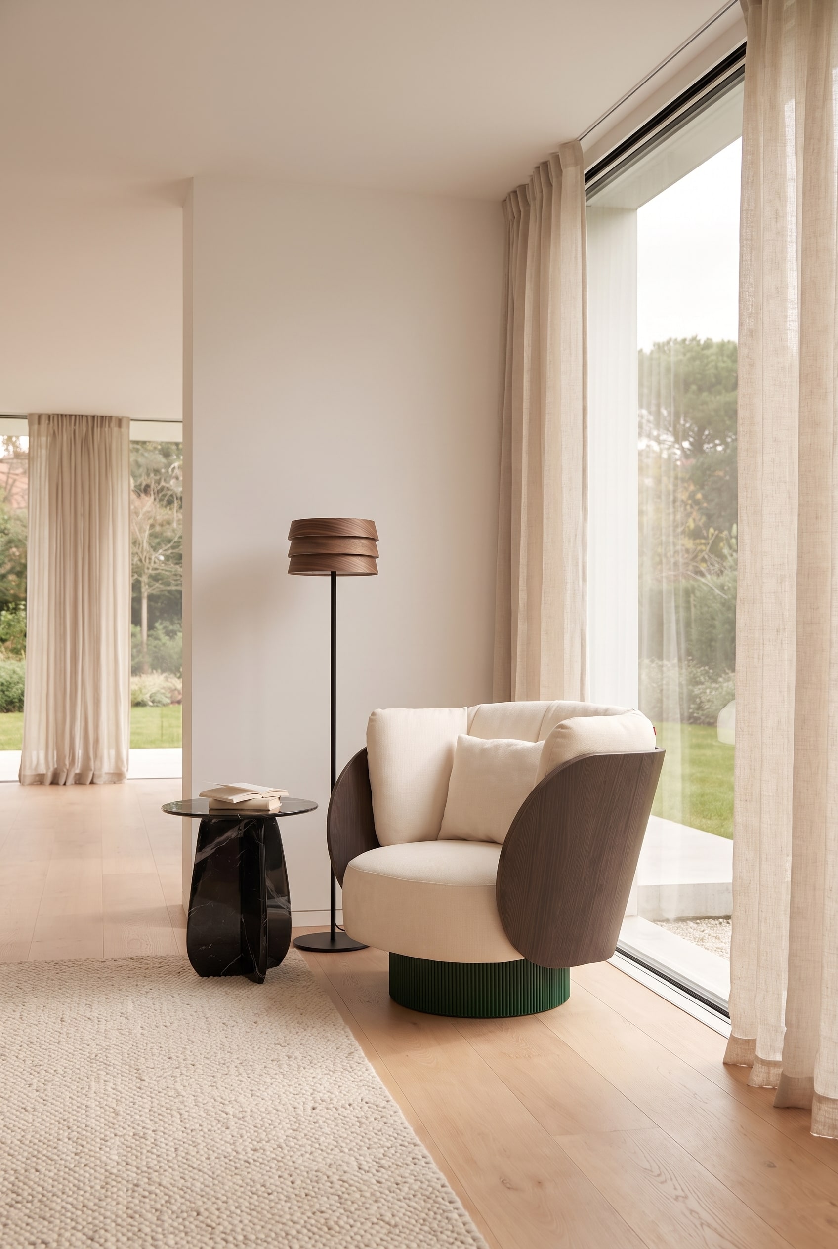 Modern living room with flowing architectural lines and an organically shaped armchair.
