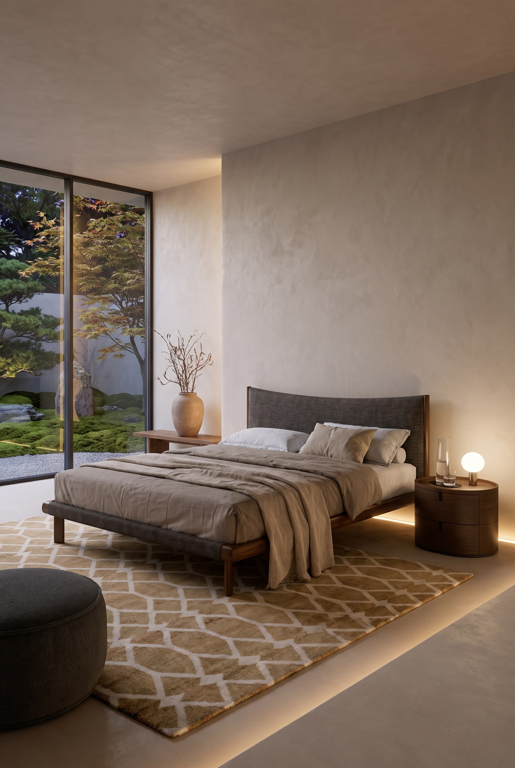 Minimalistisches Schlafzimmer im Japandi-Stil mit bodennahem Holzbett, dezentem Nachttisch und warmer, indirekter Beleuchtung