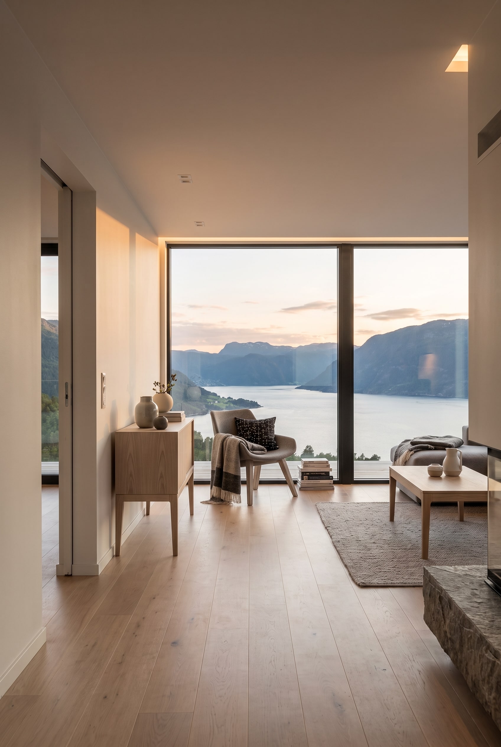 Light-filled room with an armchair featuring a light fabric shell and legs made of light ash wood