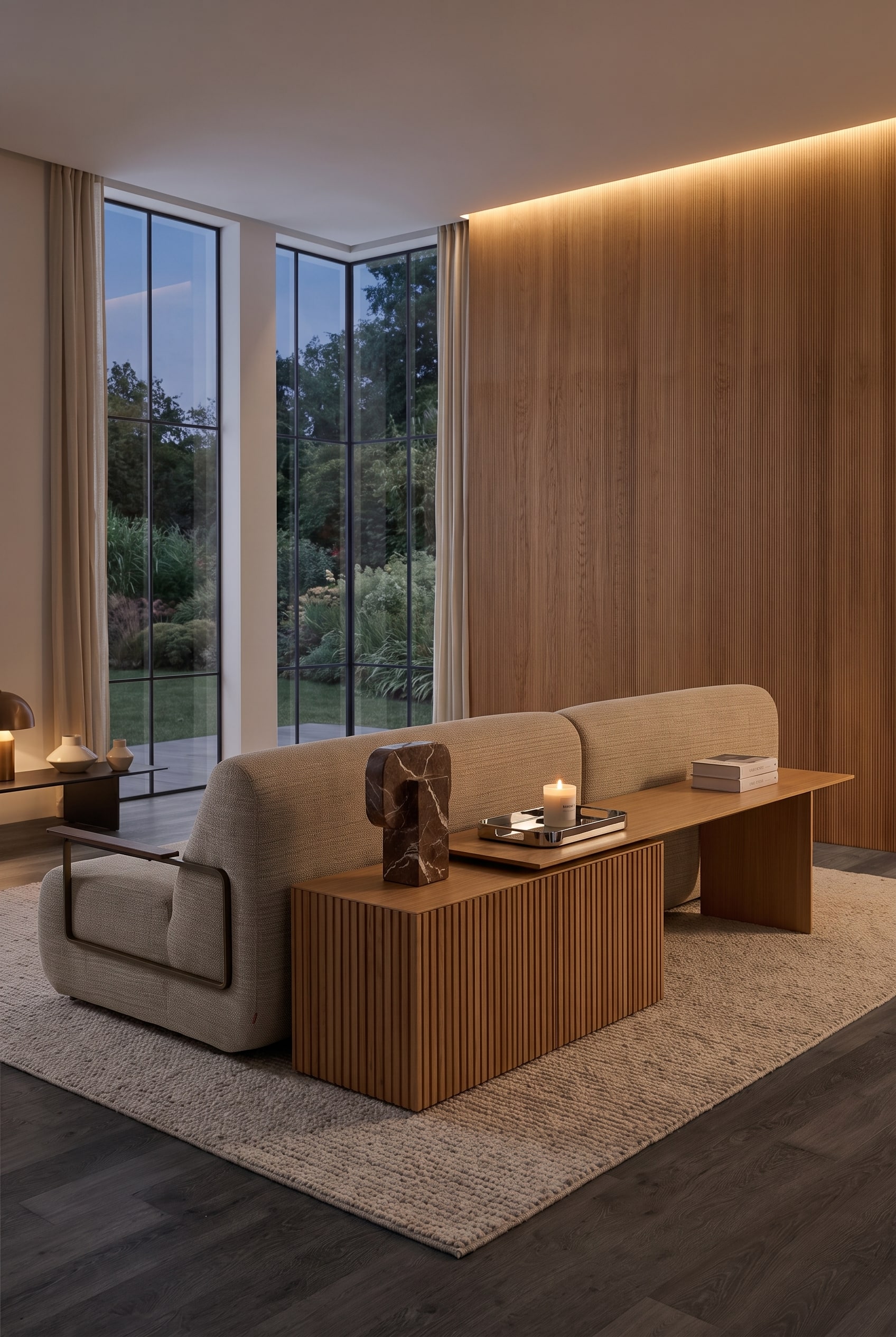 A light oak sideboard stands as a room divider behind a beige sofa, decorated with a marble sculpture and a chrome tray.