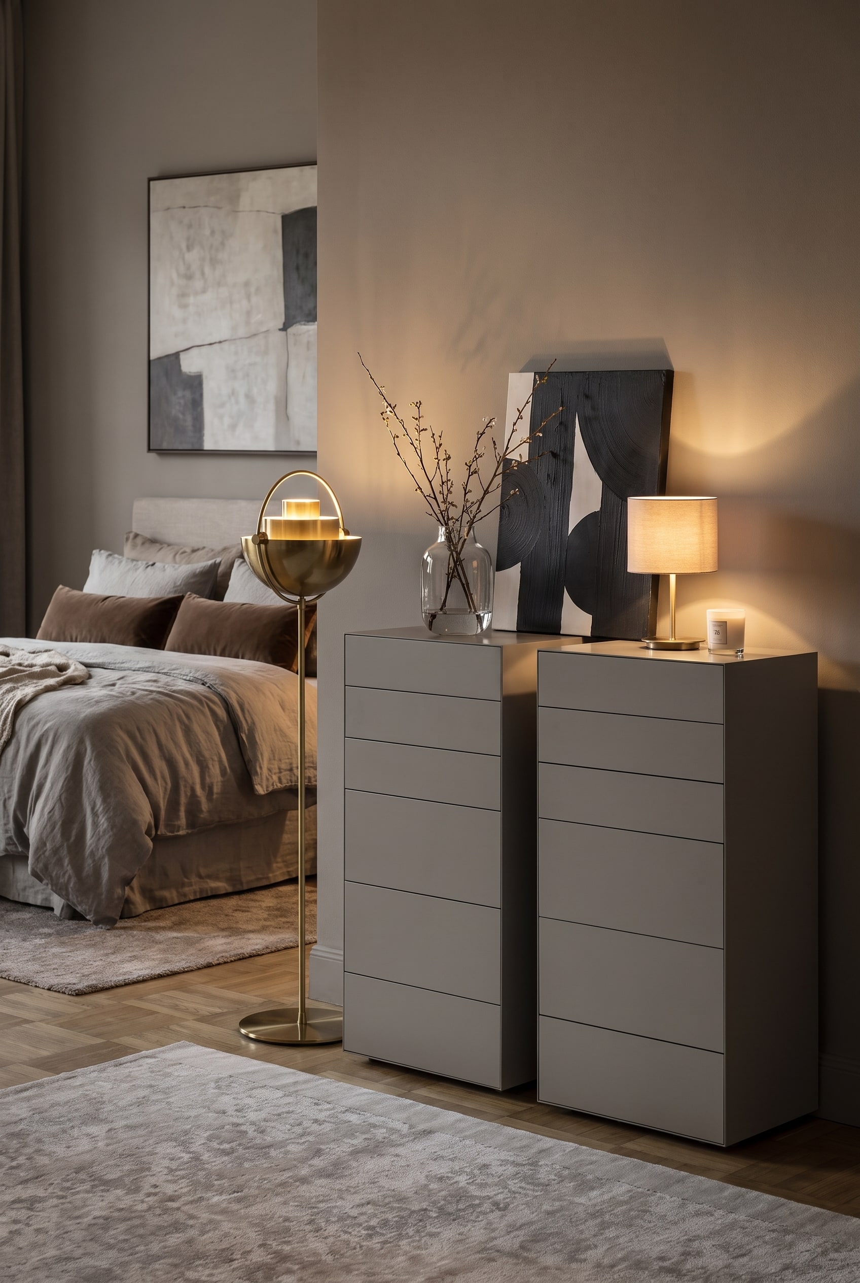 Modern bedroom in taupe with a handleless tall chest of drawers, linen bedding, and an elegant floor lamp.