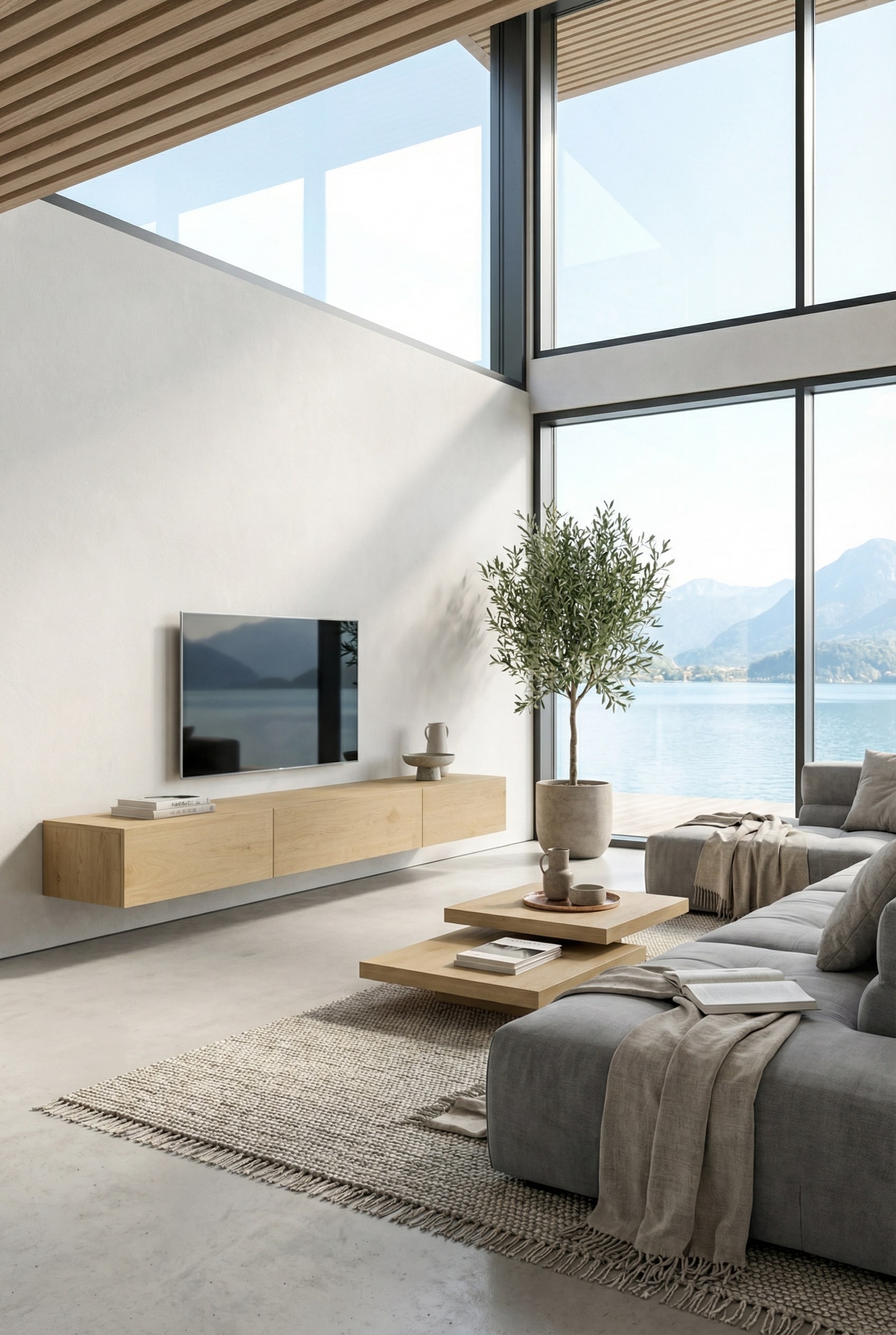 Schwebendes Lowboard aus hellem Holz an einer weißen Wand mit modernem Fernseher Schwebendes Lowboard aus hellem Holz an einer weißen Wand mit modernem Fernseher