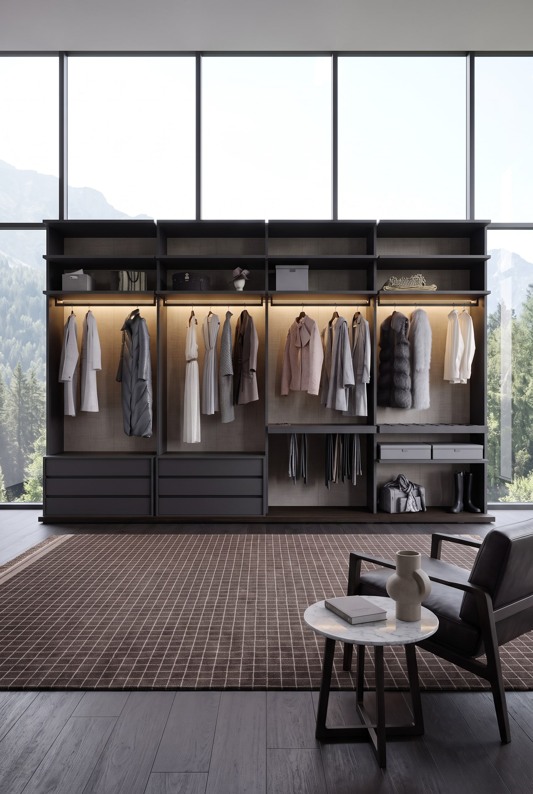 Dunkler, offener begehbarer Kleiderschrank mit schlanken Aluminiumrahmen in Anthrazit, Holzfachb&ouml;den und warm beleuchteter Kleidung