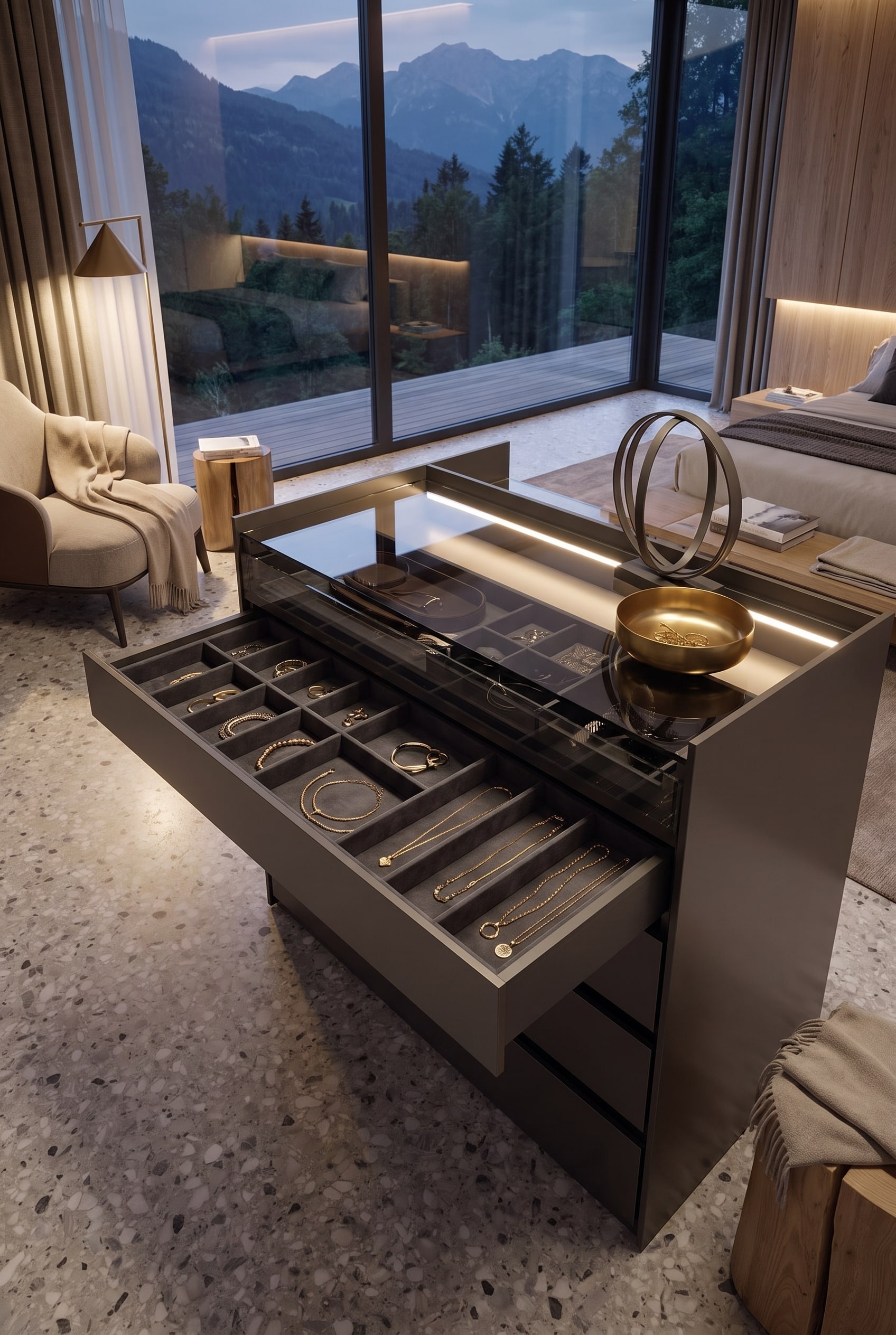 Opened drawer of an elegant wardrobe island, in which gold necklaces lie flat on a soft velvet grid