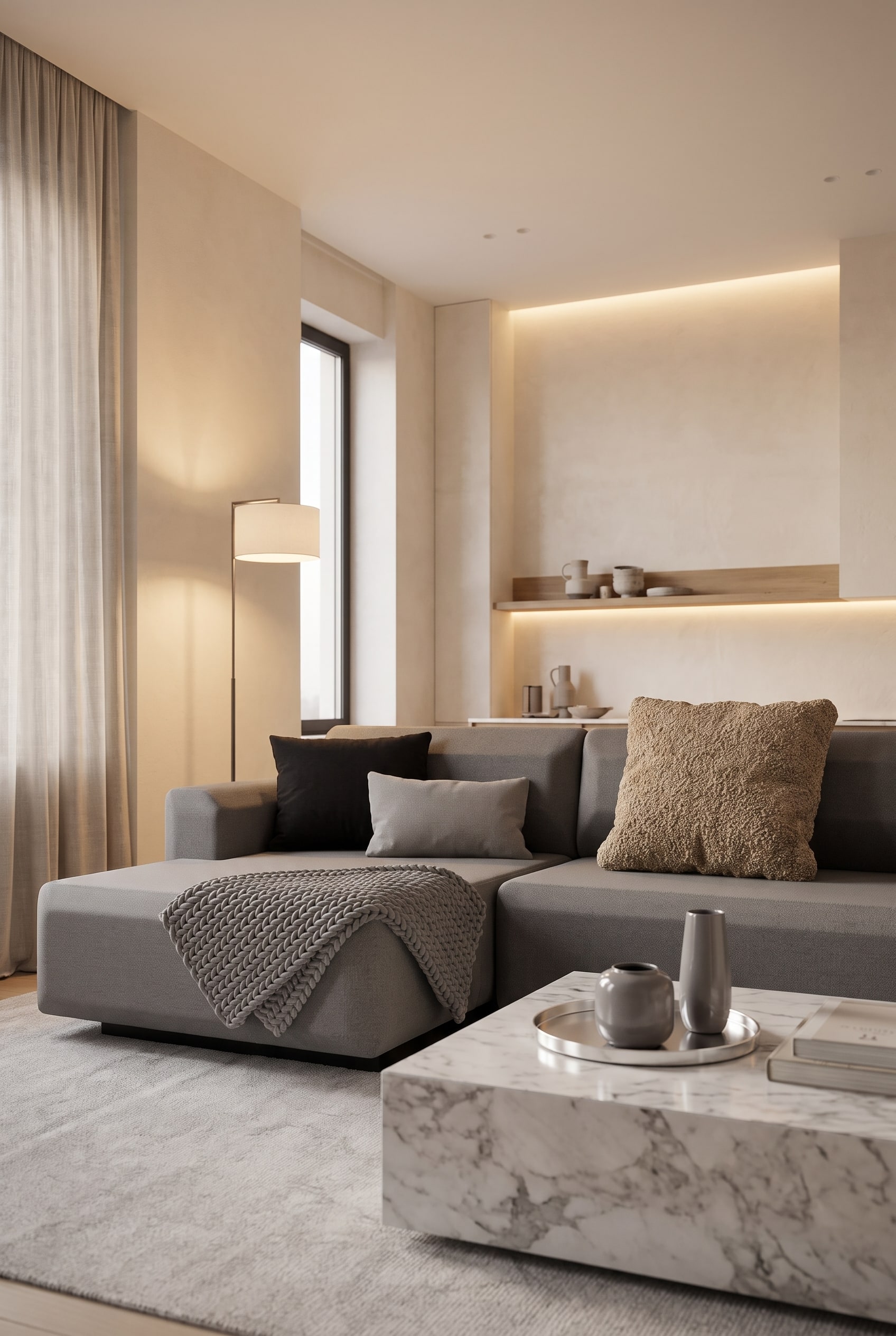 Minimalist sofa bed Prostoria Fade with a coarsely woven boucl&eacute; cushion as a haptic contrast.