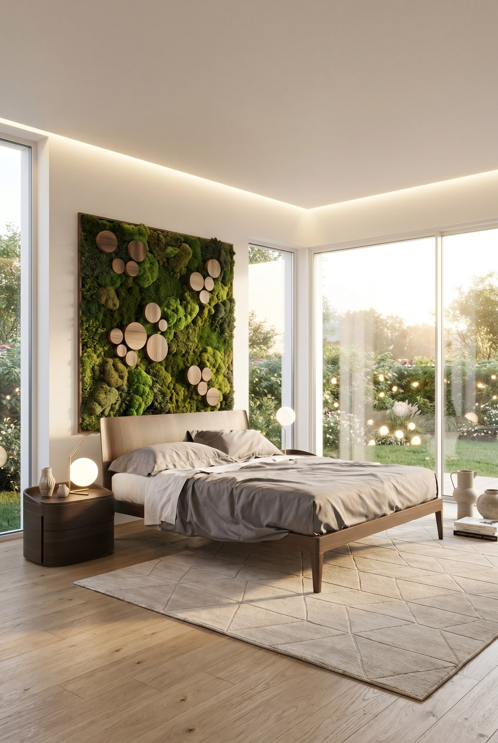Bright bedroom with a wooden bed, flanked by two round, cylindrical nightstands in dark wood on a light rug