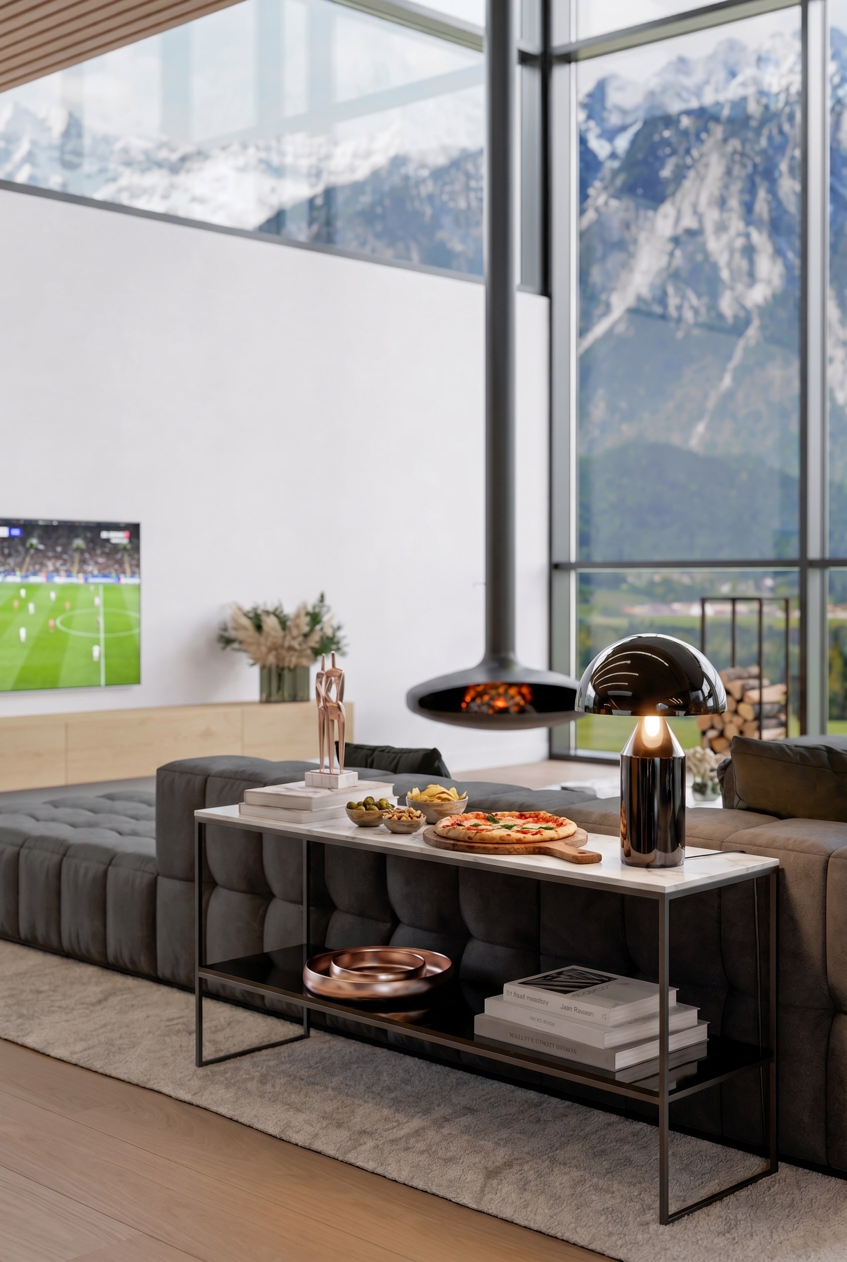 Schmale schwarze Konsole platziert hinter einem freistehenden Sofa in einem luxuri&ouml;sen Wohnbereich, darauf gestapelte Bildb&auml;nde und eine edle Tischlampe