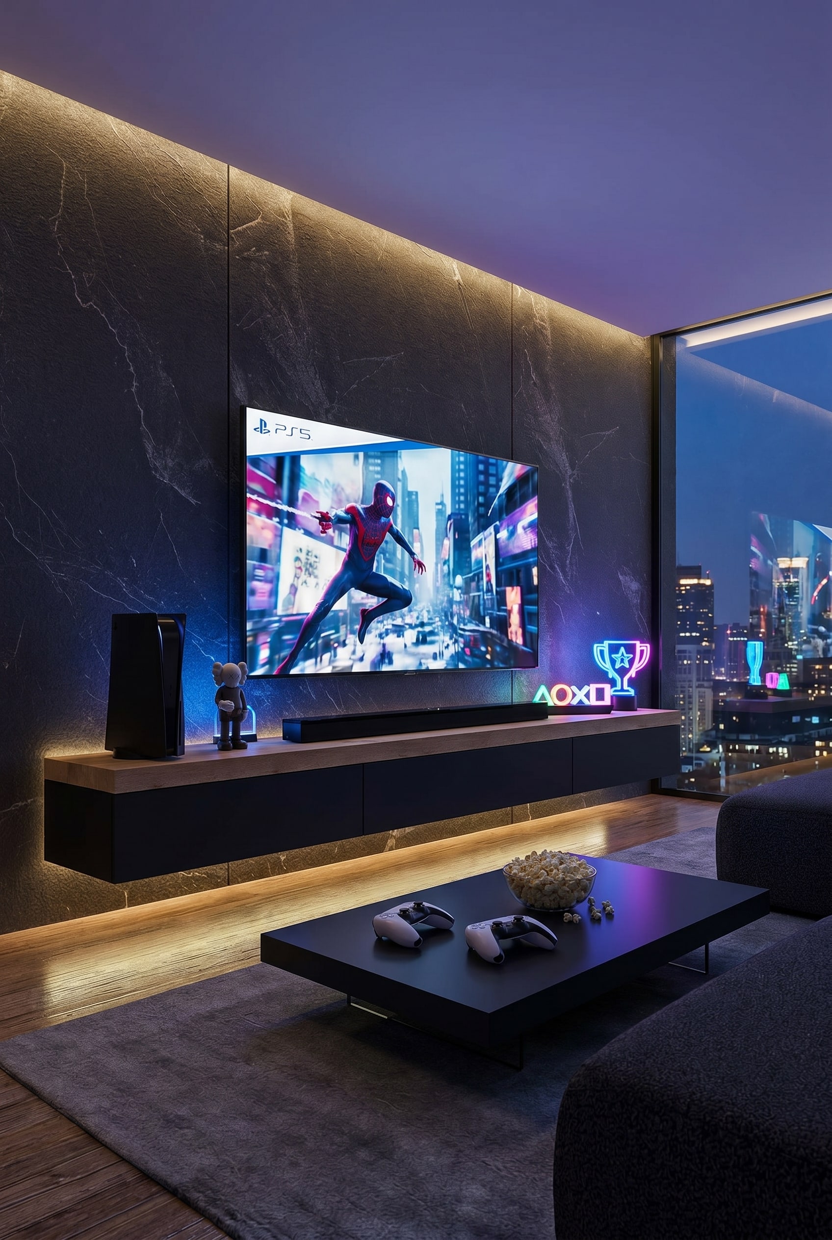 Dunkles Wohnzimmer mit massivem schwarzem Lowboard, dicker Abdeckplatte und großem grauen Big Sofa