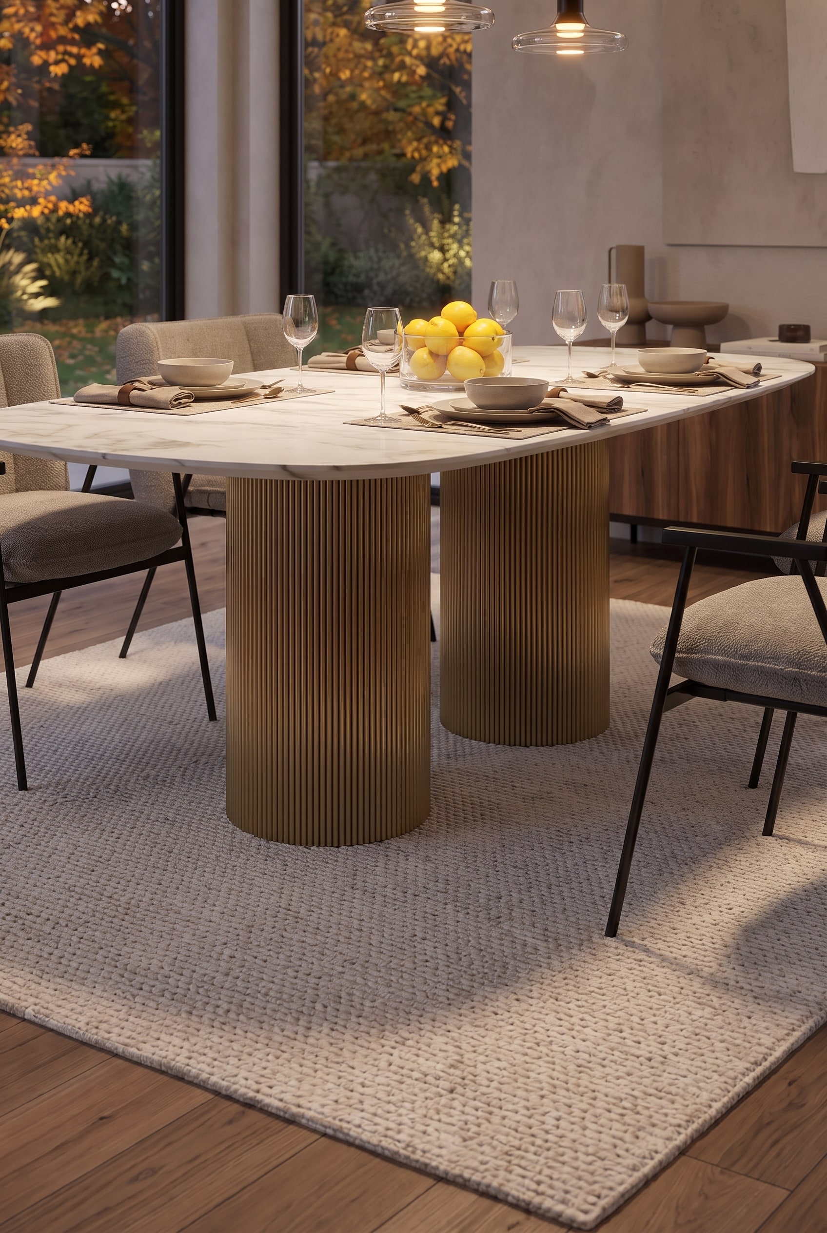 Detailed view of the two cylindrical wooden bases with grooved milling on a coarse-meshed cream-white carpet.