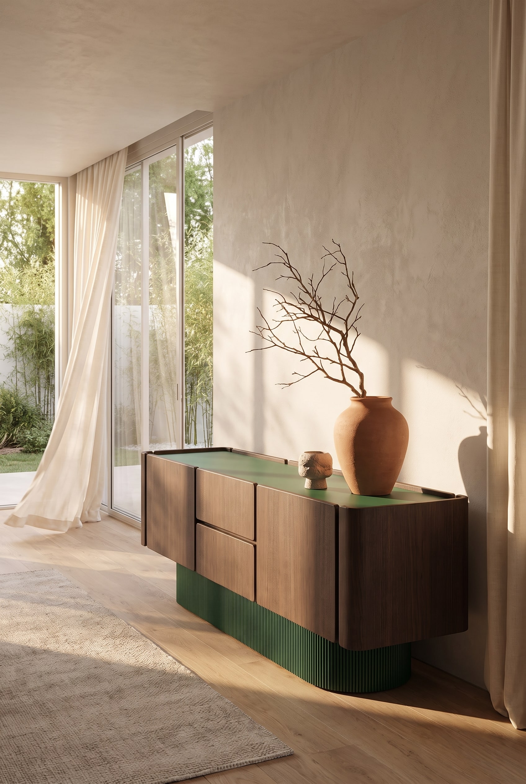 Lichtdurchflutetes Wohnzimmer mit abgerundetem Holz-Sideboard, darauf eine unglasierte Tonvase mit einem knorrigen Eichenast